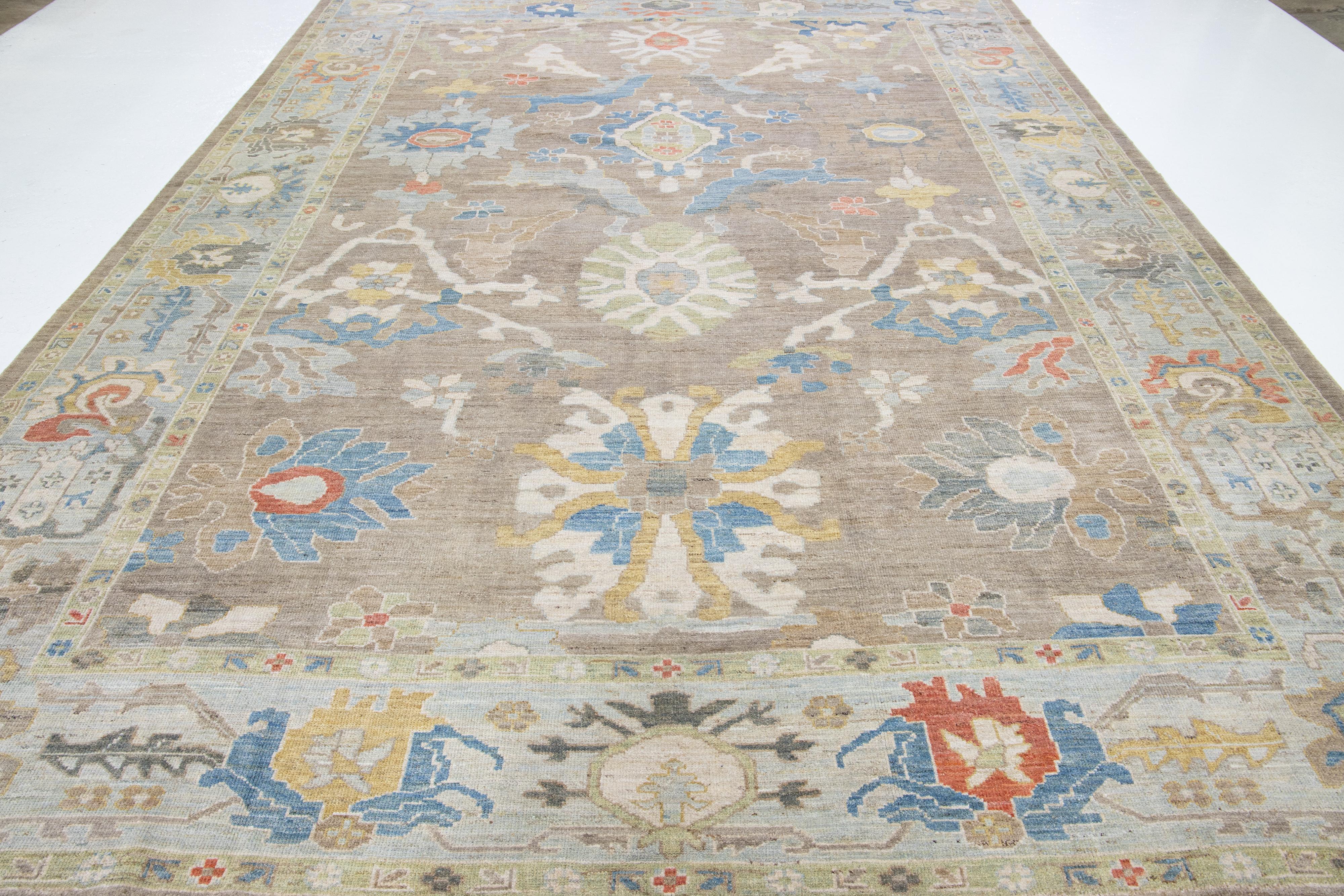 11 x 14 Modern Designed Sultanabad Wool Rug Handmade In Warm Beige For Sale 1