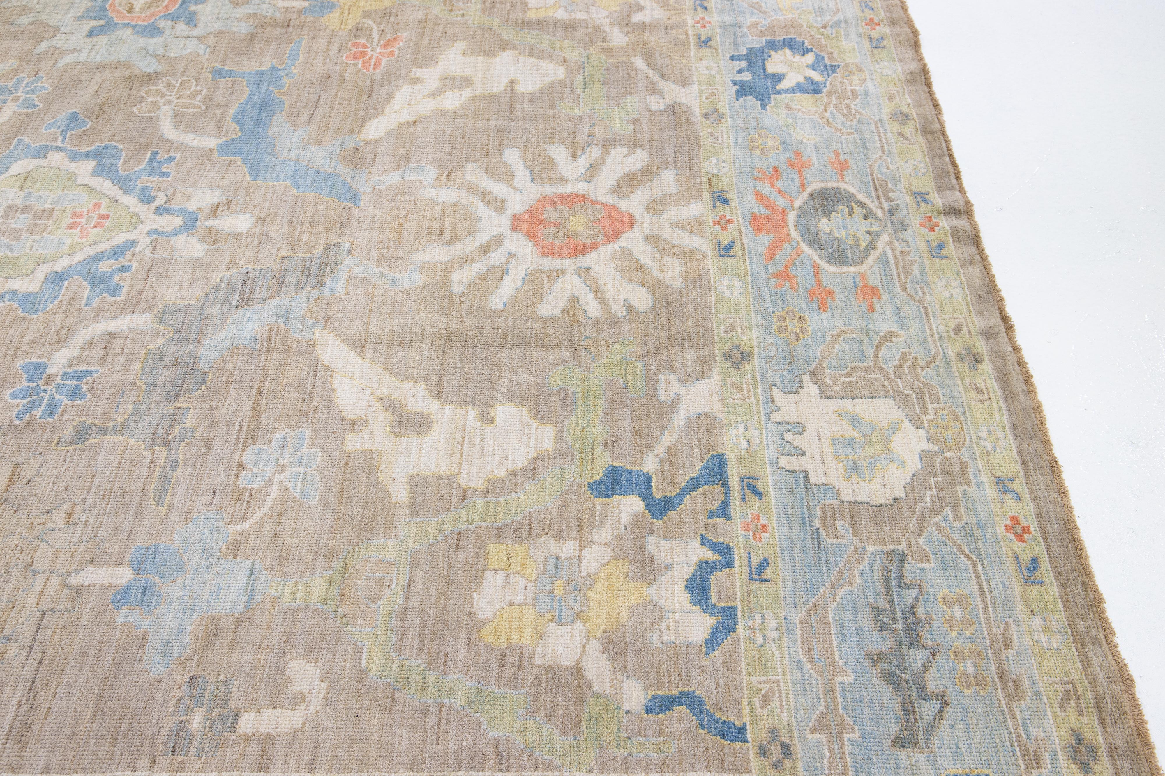 11 x 14 Modern Designed Sultanabad Wool Rug Handmade In Warm Beige For Sale 3