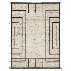 11 x 14 Modern Moroccan Wool Rug with Minimalist Geometric Black Line Design