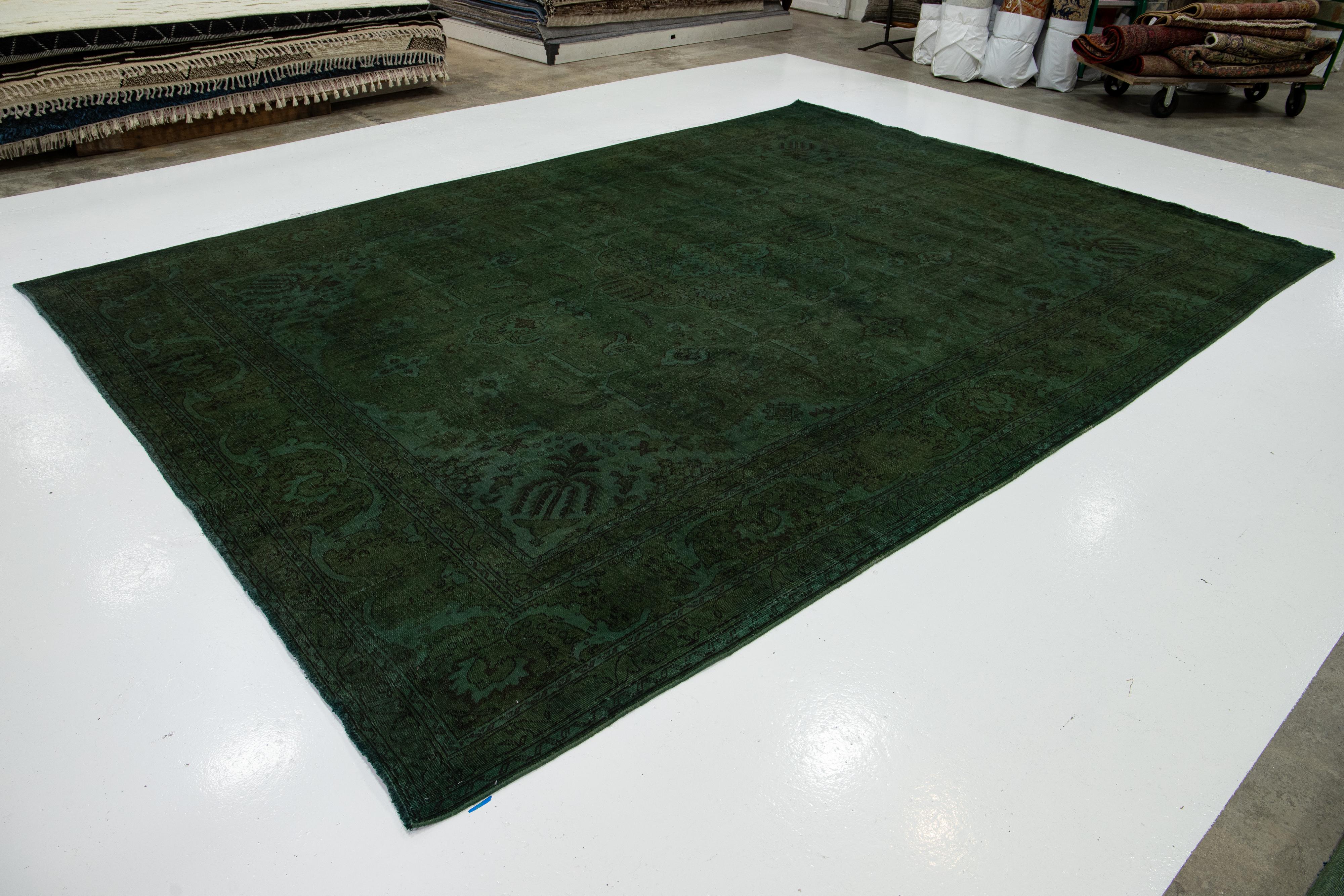 11 x 16 Antique Overdyed Persian Wool Rug With Medallion Design In Green In Good Condition For Sale In Norwalk, CT