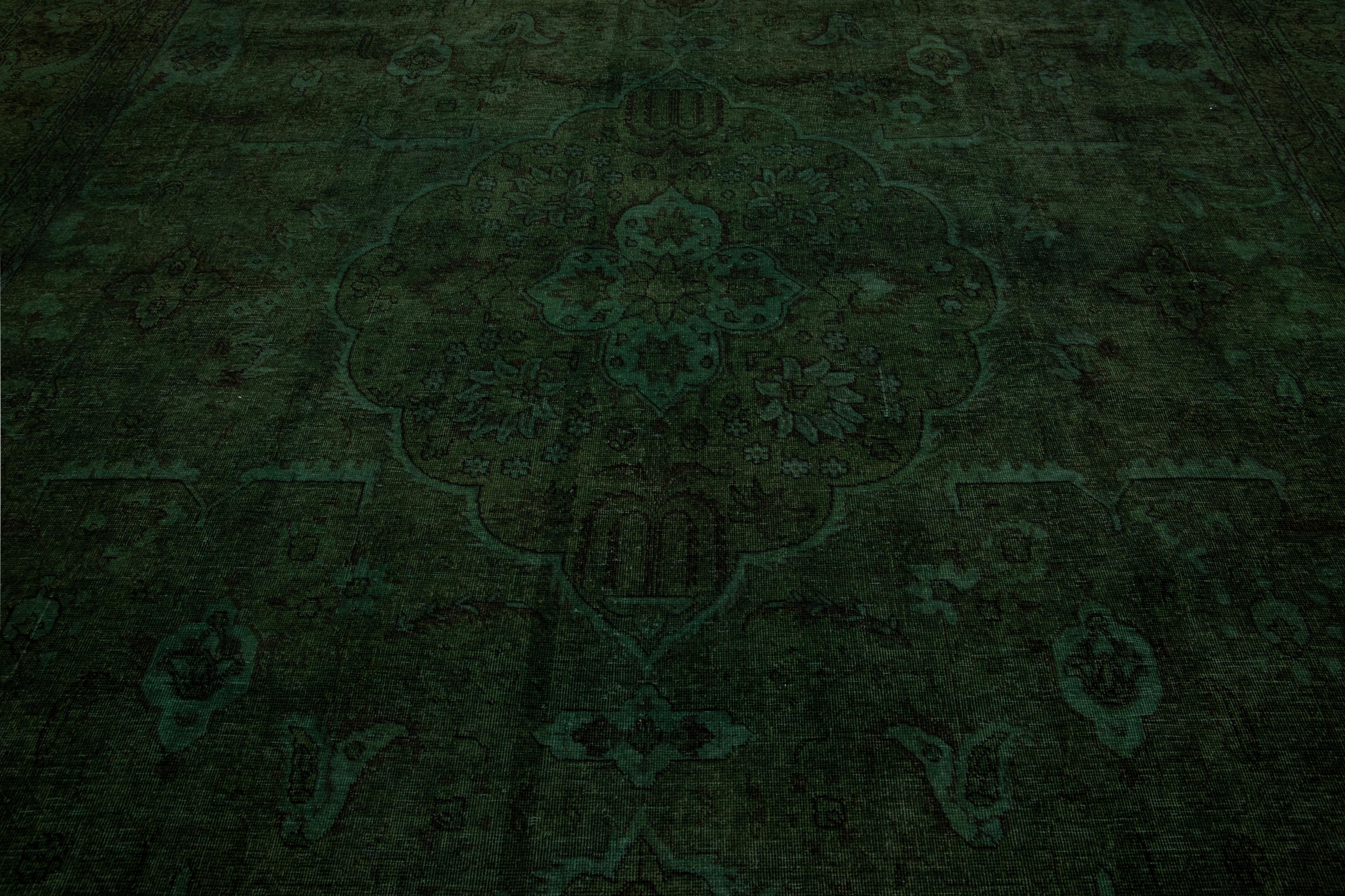 11 x 16 Antique Overdyed Persian Wool Rug With Medallion Design In Green For Sale 2