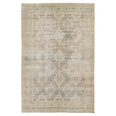 11 x 17 Antique Kerman Wool Rug In Muted Beige with Floral Medallion Design