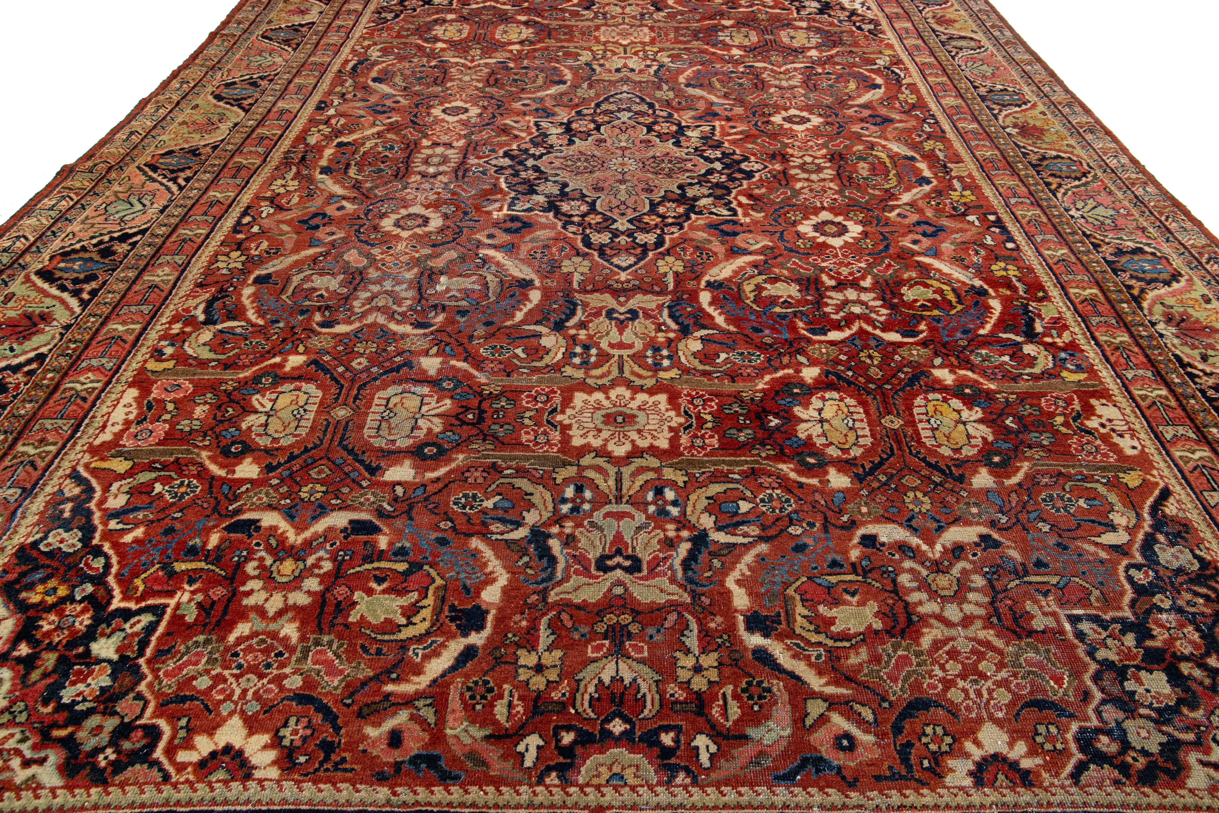 11 x 17 geblümt gestalteter antiker persischer Mahal-Wollteppich in Rot im Angebot 1