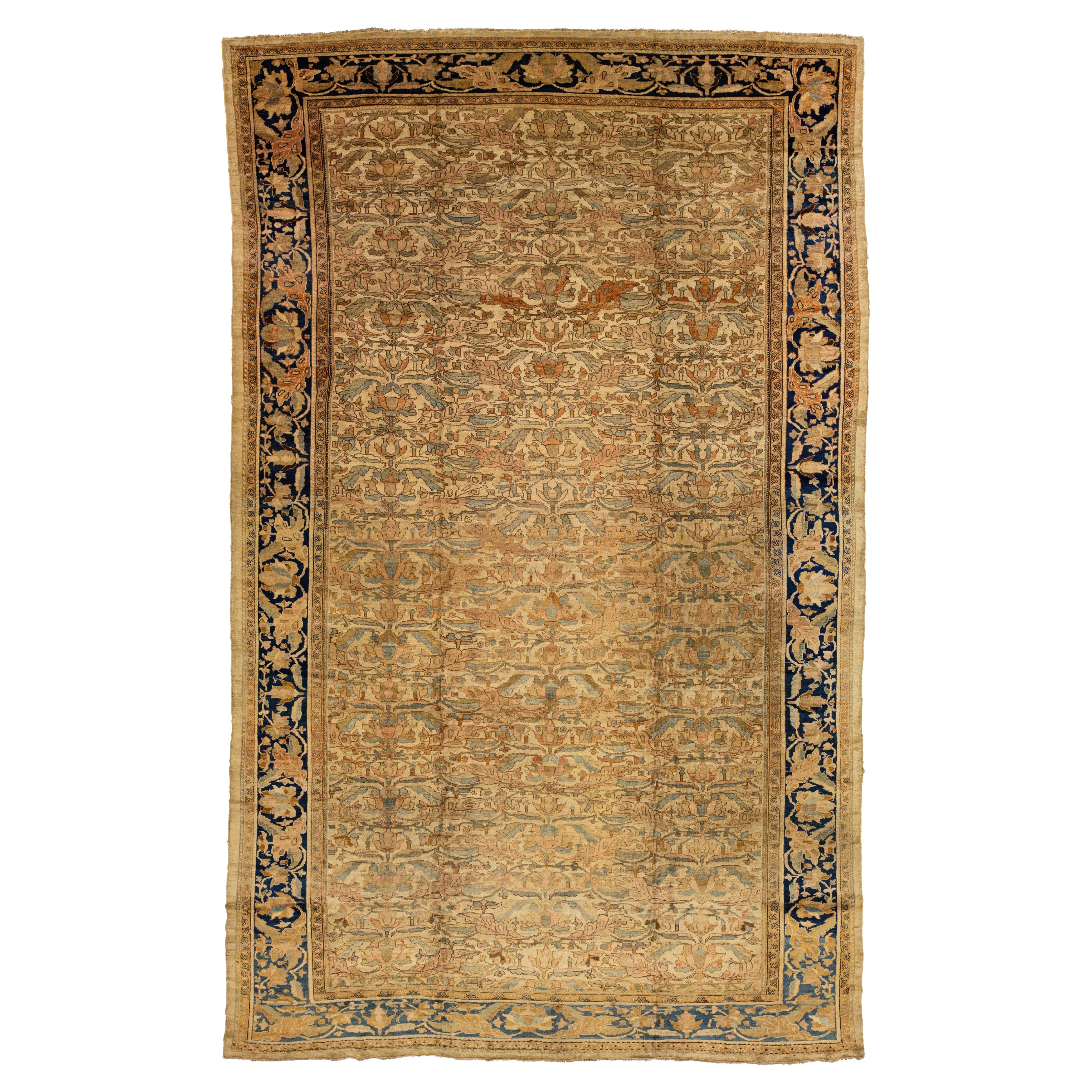 11 x 18 Antiker persischer Malayer-Teppich aus Wolle in Beige, geblümt entworfen (Circa 1880er Jahre)