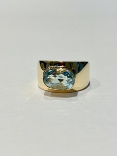 Oval Aquamarine in Wide 9 Carat Yellow Gold Band