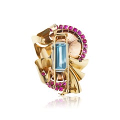 110 Carat Aquamarine and Ruby Retro Brooch