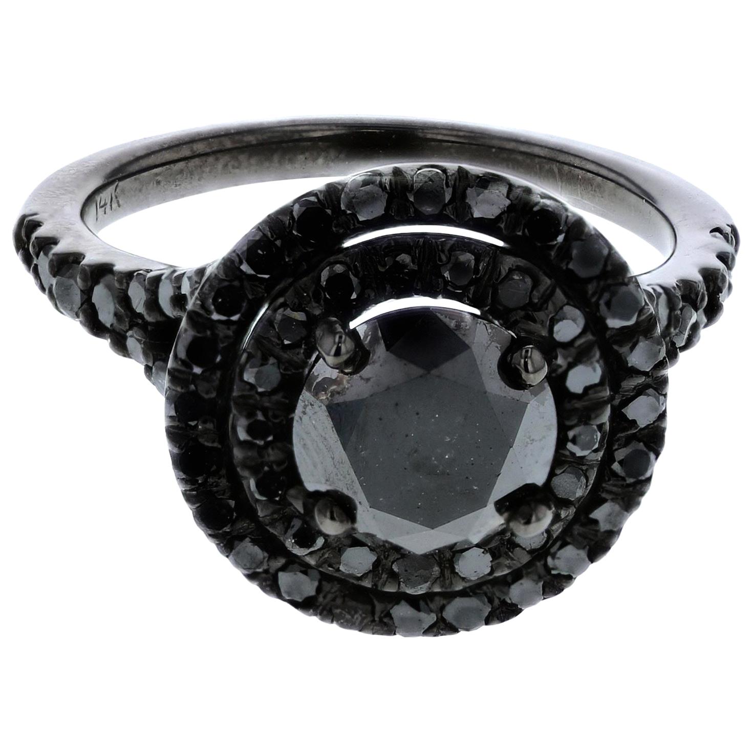 1.10 Carat Black Diamond Double Halo Ring with Black Diamond Halo