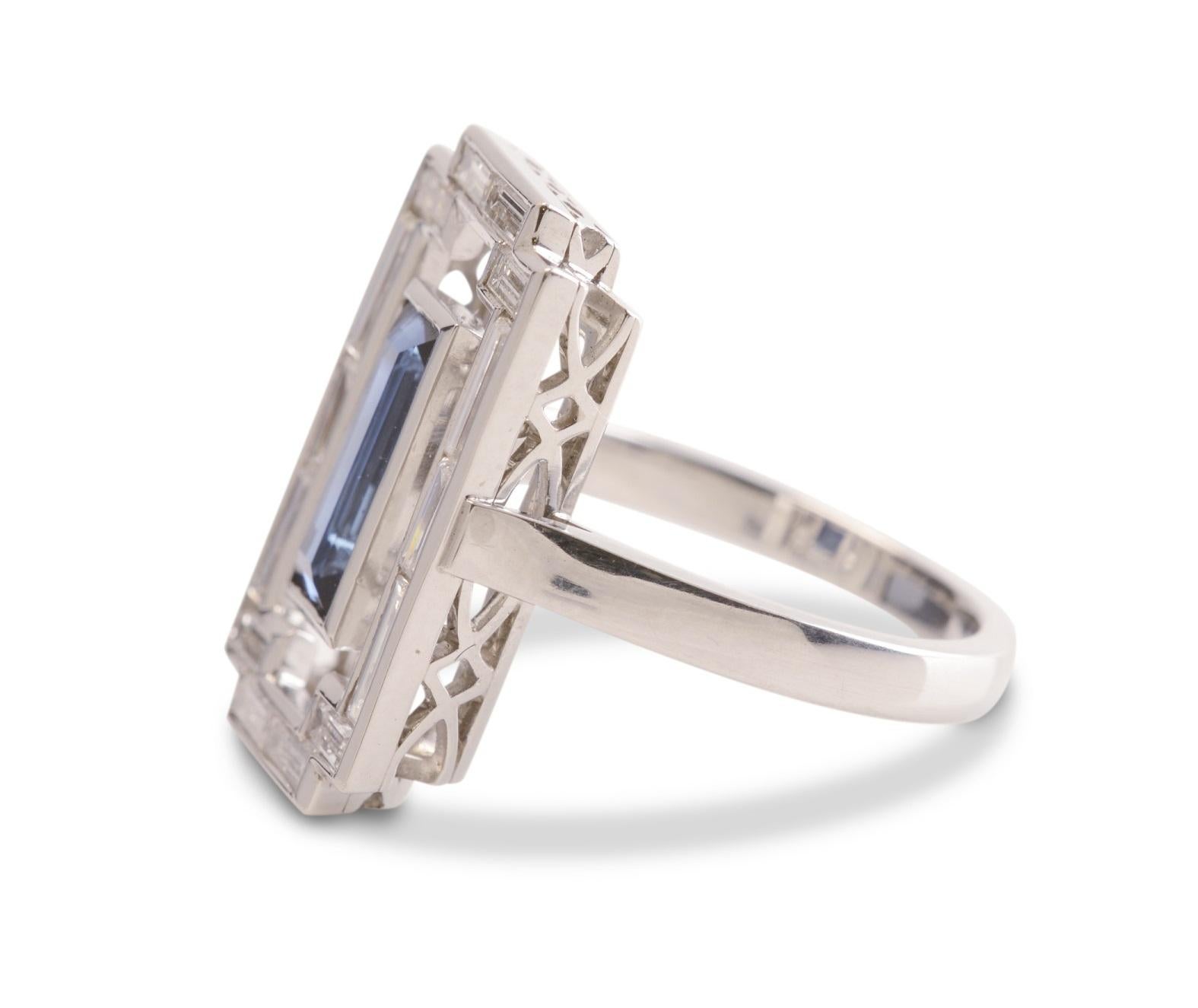 Baguette Cut 1.10 Carat Blue Sapphire and 1.20 Carat Diamond Art Deco Platinum Tablet Ring For Sale