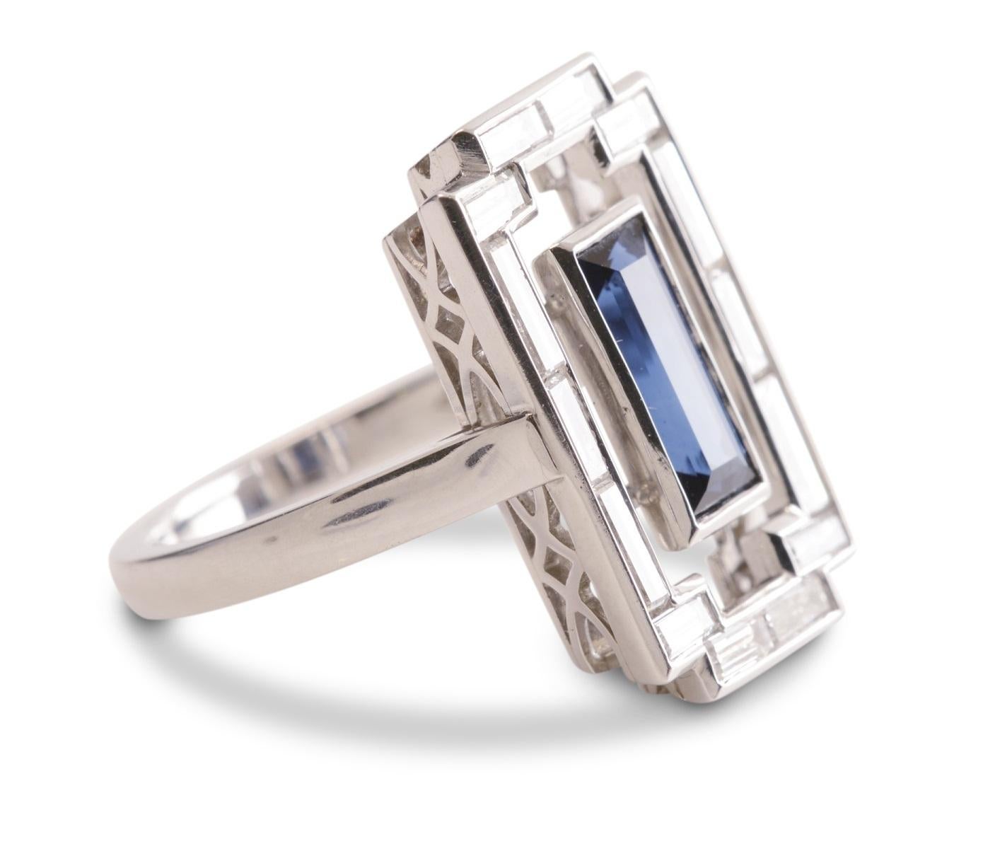 1.10 Carat Blue Sapphire and 1.20 Carat Diamond Art Deco Platinum Tablet Ring For Sale 1