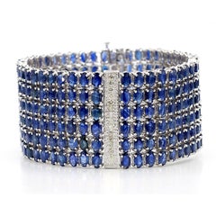110 Carat Blue Sapphire & Diamond 14K White Gold Six Row Wide Wrap Bracelet