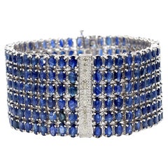 Zafiro azul de 110 quilates y diamante Brazalete envolvente ancho de seis filas de oro blanco de 14 quilates