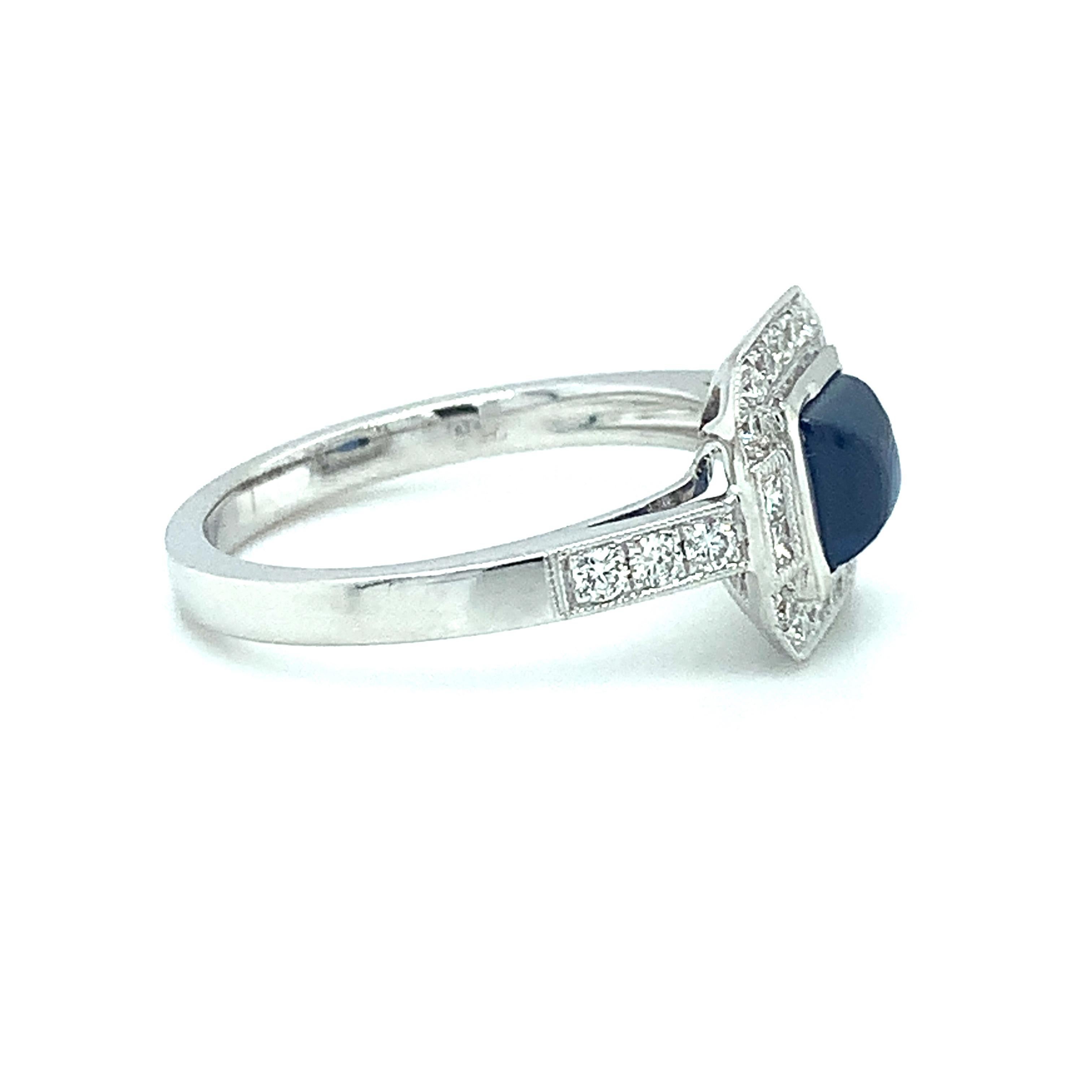 Artisan 1.10 Carat Blue Sapphire Square Cabochon and Diamond White Gold Cocktail Ring