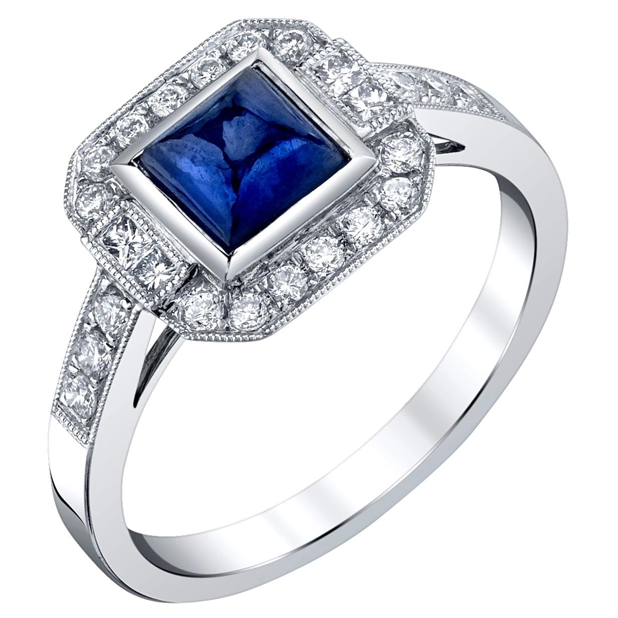 1.10 Carat Blue Sapphire Square Cabochon and Diamond White Gold Cocktail Ring