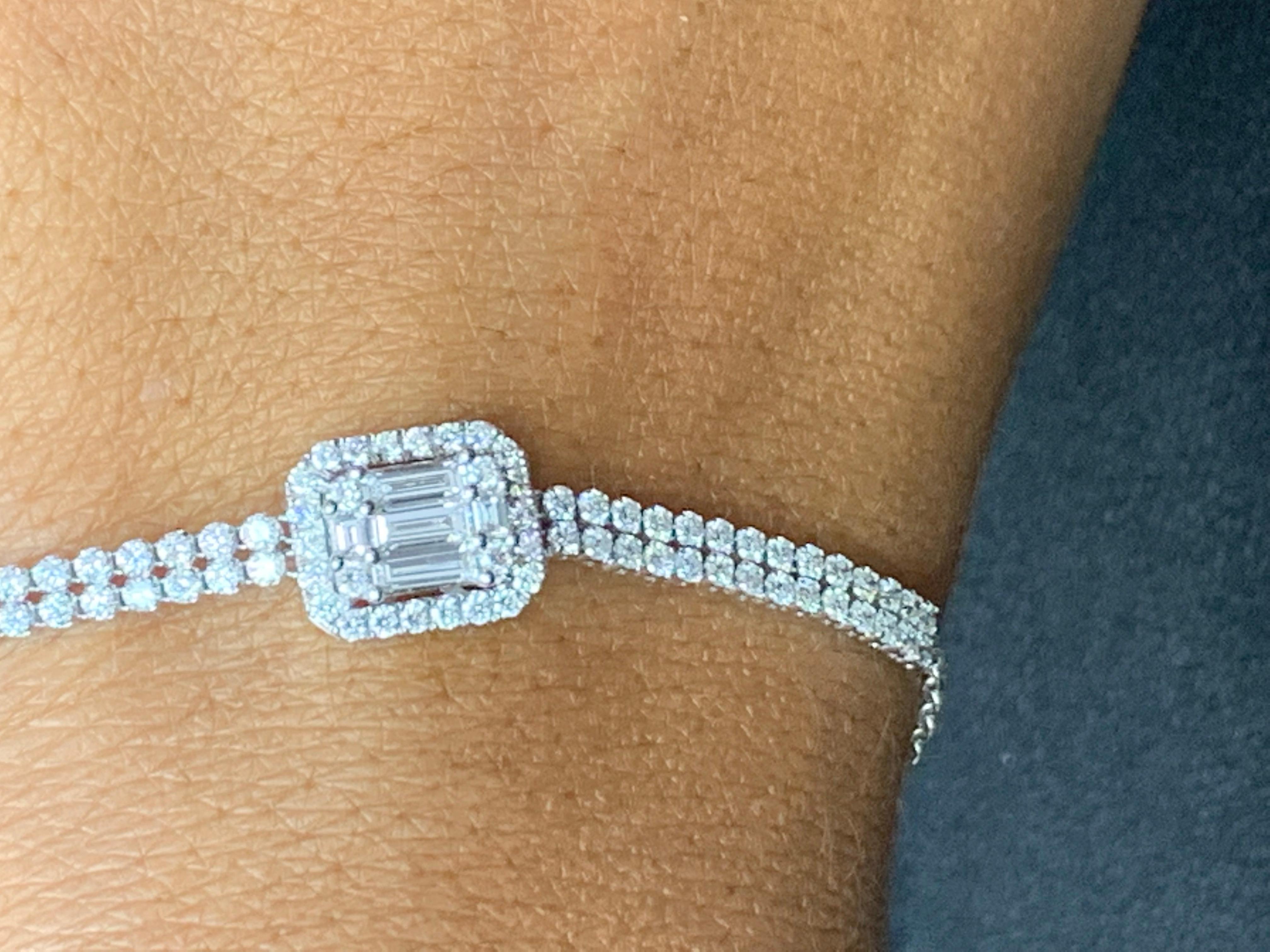 Are you looking to make an adjustment to your style? Well then slide this elegant adjustable bracelet around your wrist is just what you need! This 14k white gold bracelet forms a classic design adorned with a center cluster of baguette and round