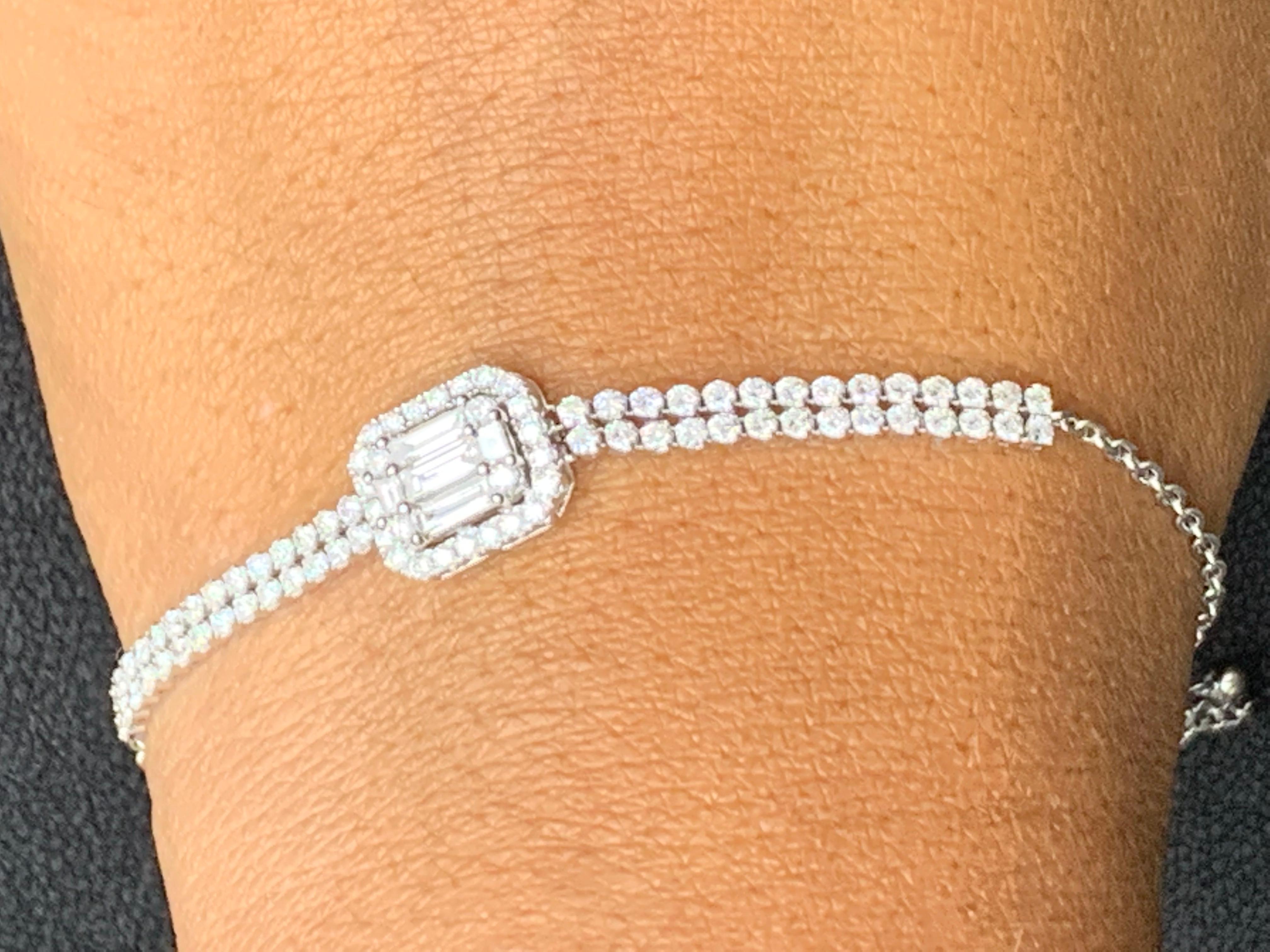 Taille baguette Bracelet réglable en or blanc 14 carats avec diamants taille brillant de 1,10 carat en vente