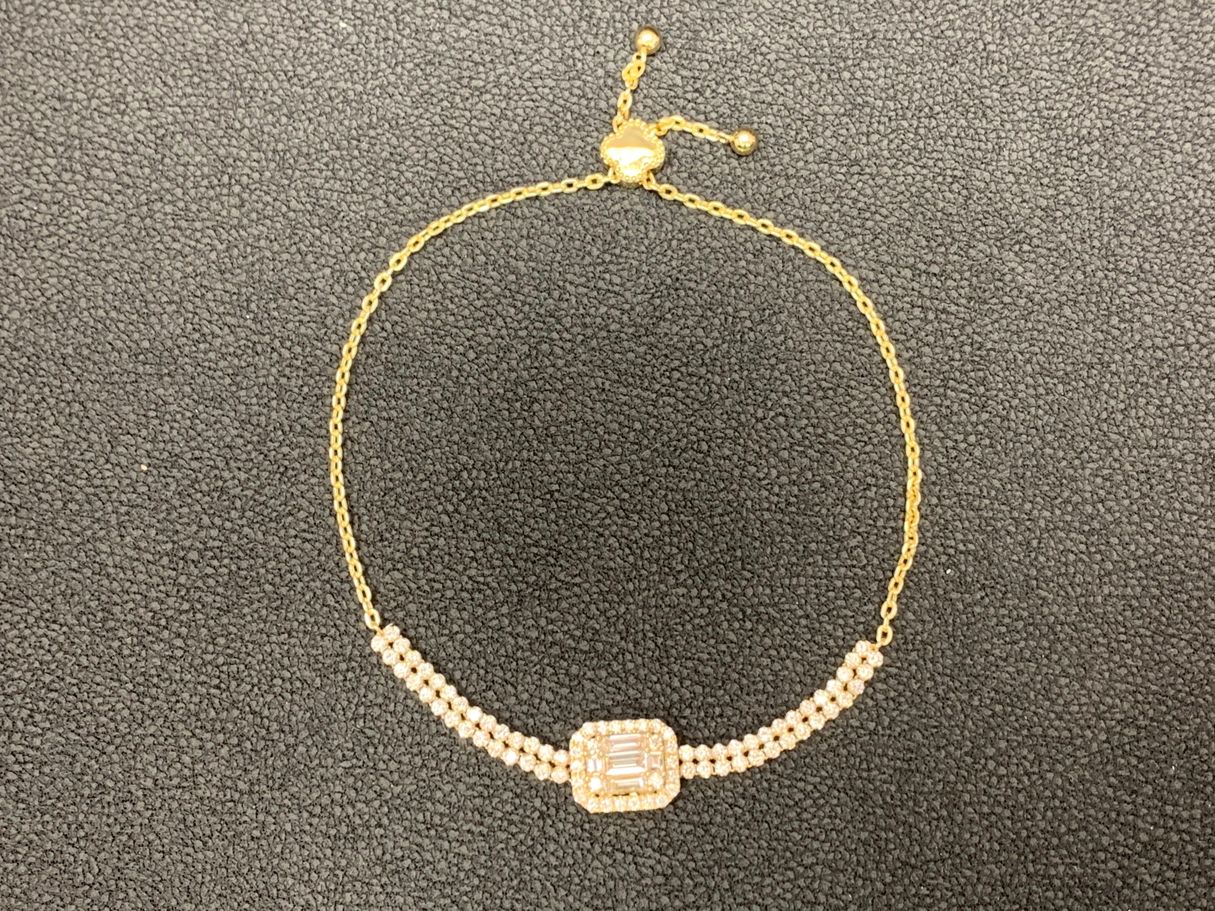 Are you looking to make an adjustment to your style? Well then slide this elegant adjustable bracelet around your wrist is just what you need! This 14k yellow gold bracelet forms a classic design adorned with a center cluster of baguette and round