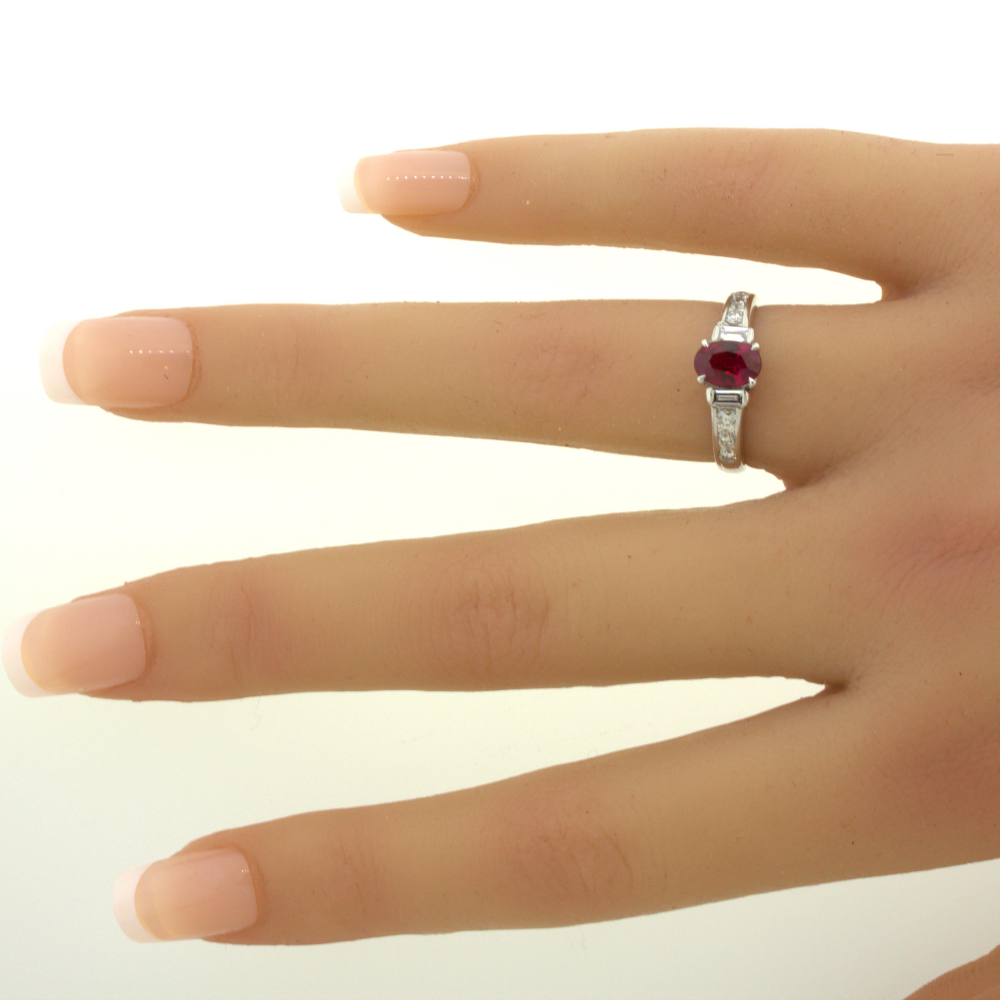1.10 Carat Burmese Pigeon Blood Ruby Diamond Platinum Ring, GRS Certified For Sale 5