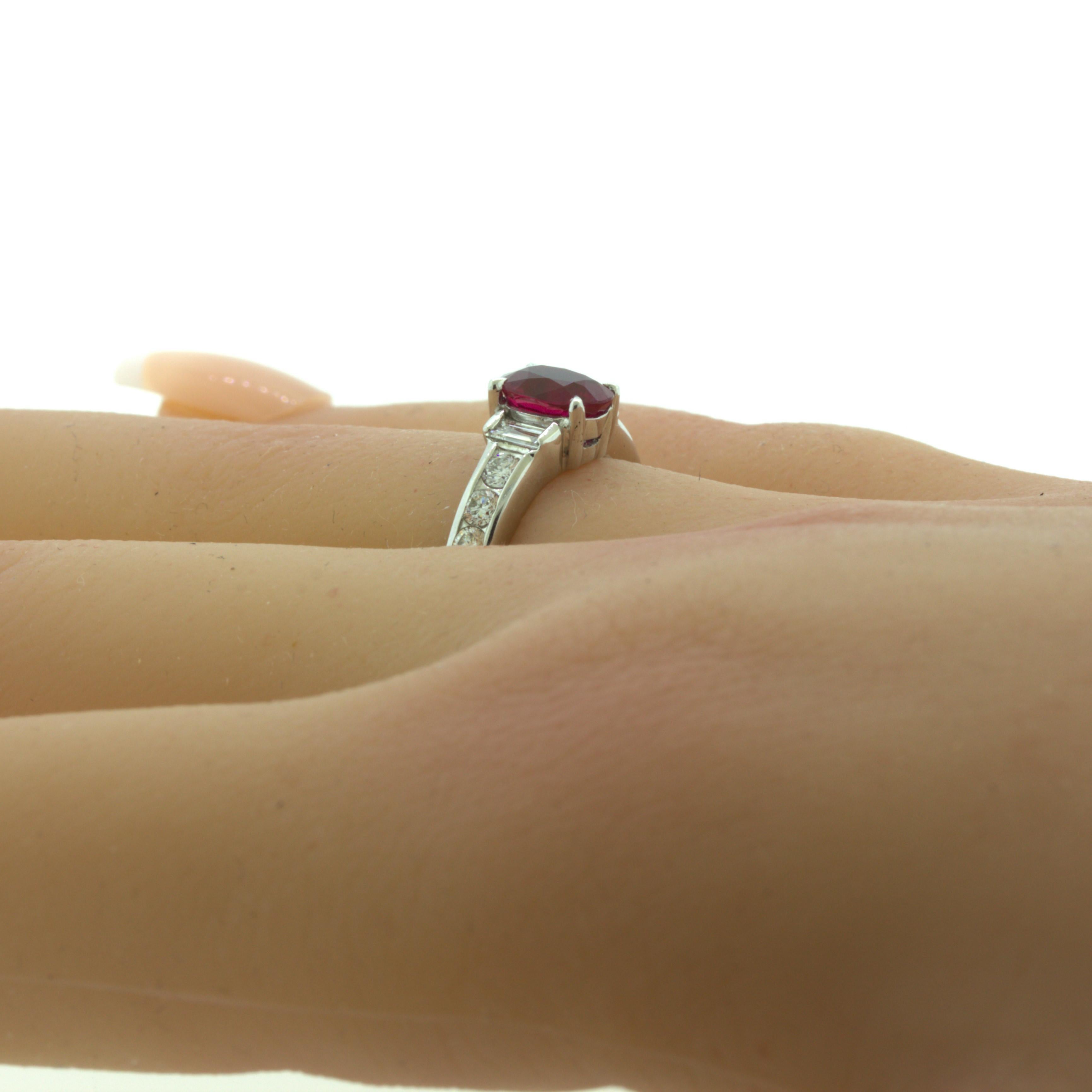 1.10 Carat Burmese Pigeon Blood Ruby Diamond Platinum Ring, GRS Certified For Sale 6