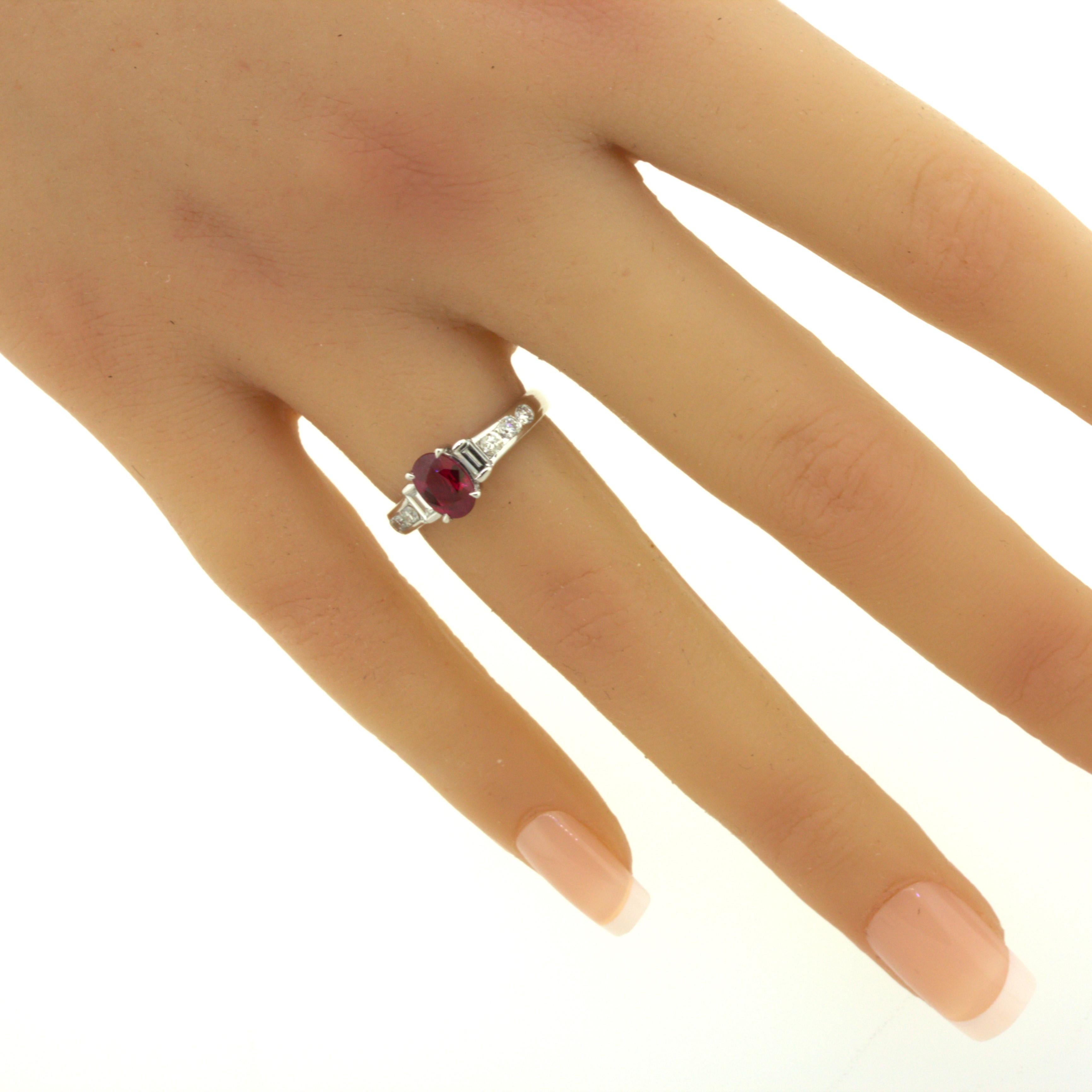 1.10 Carat Burmese Pigeon Blood Ruby Diamond Platinum Ring, GRS Certified For Sale 8
