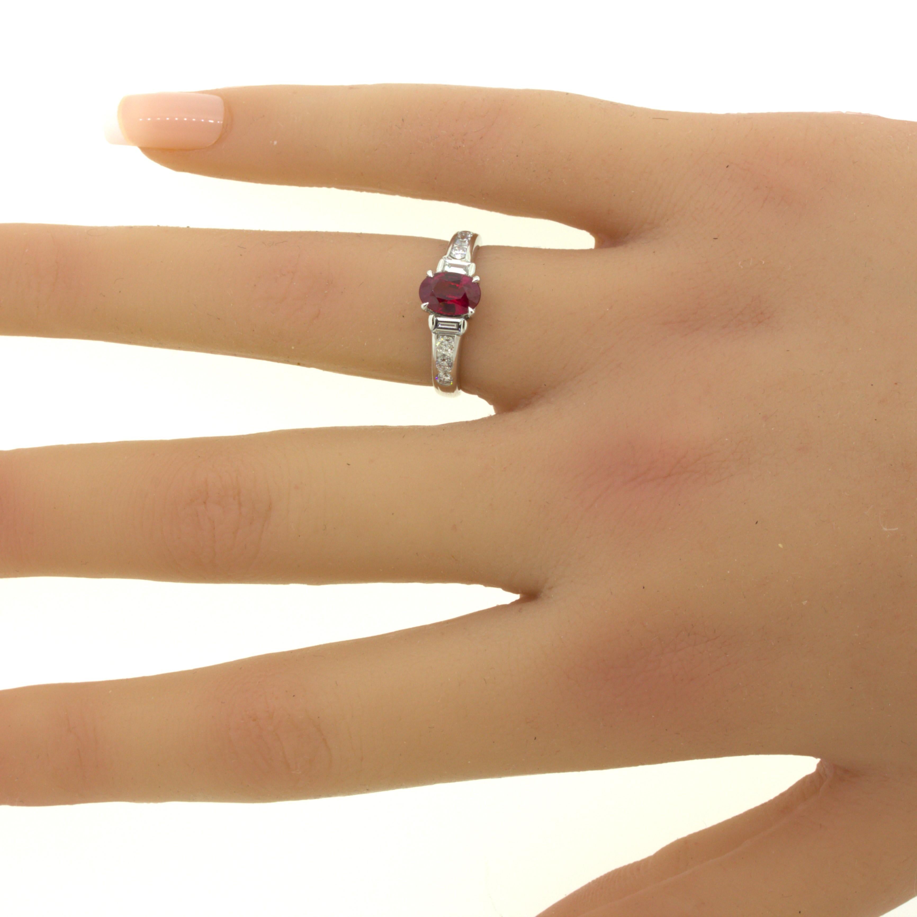 1.10 Carat Burmese Pigeon Blood Ruby Diamond Platinum Ring, GRS Certified For Sale 9