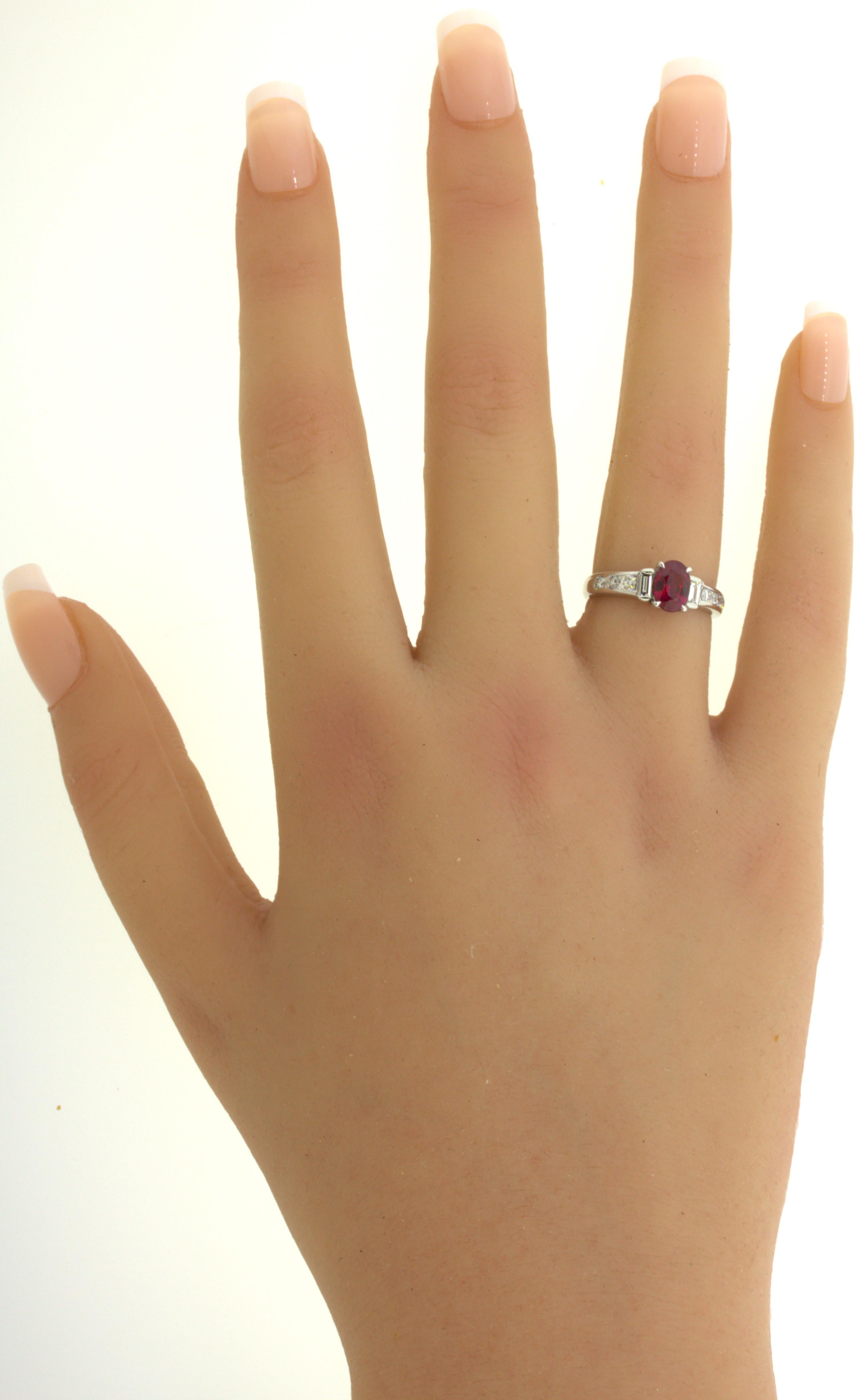 1.10 Carat Burmese Pigeon Blood Ruby Diamond Platinum Ring, GRS Certified For Sale 11