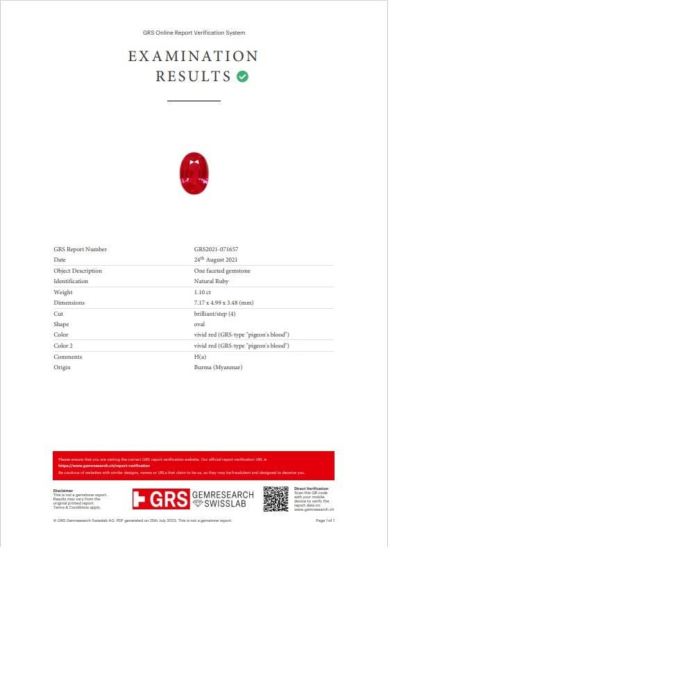 1.10 Carat Burmese Pigeon Blood Ruby Diamond Platinum Ring, GRS Certified For Sale 12
