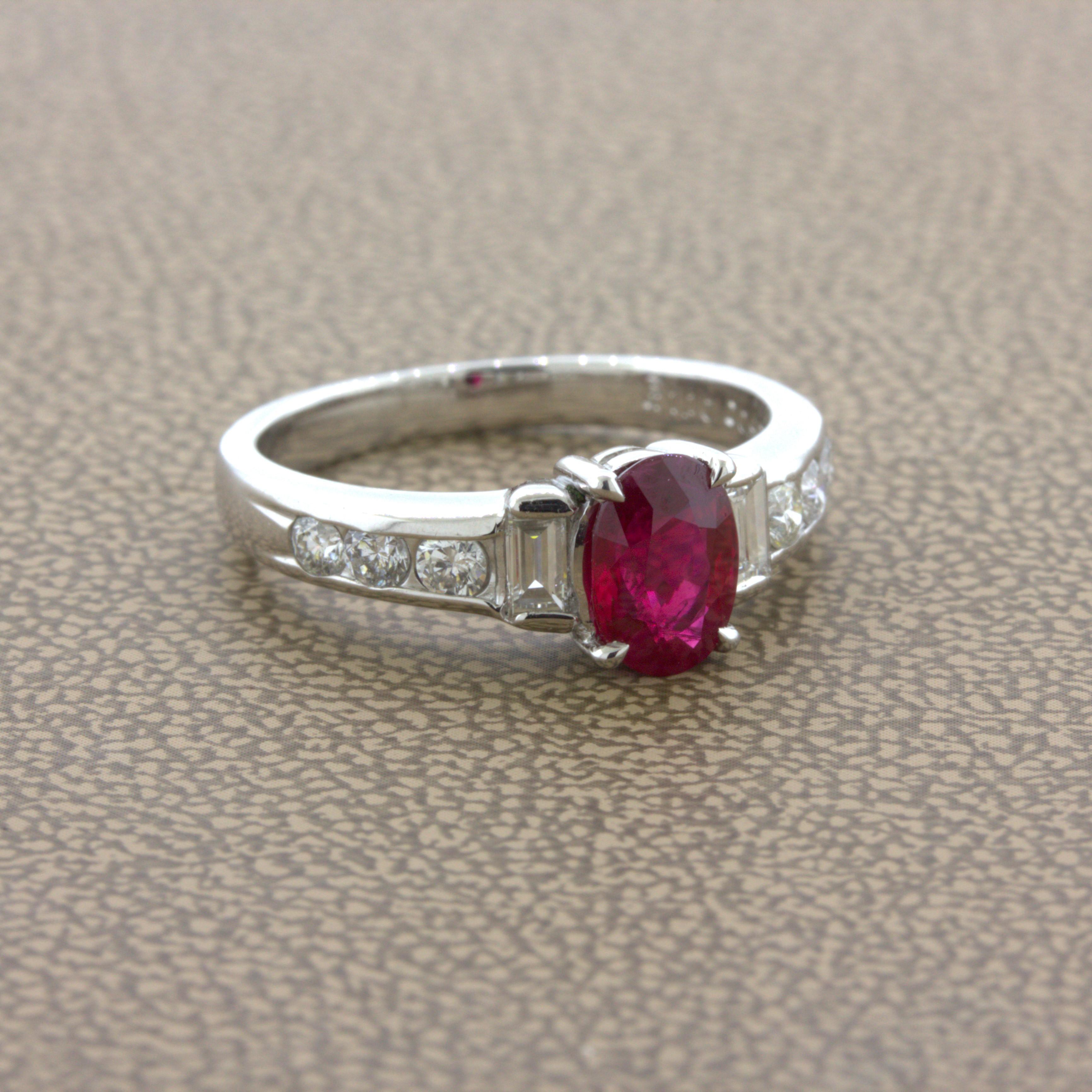 Oval Cut 1.10 Carat Burmese Pigeon Blood Ruby Diamond Platinum Ring, GRS Certified For Sale