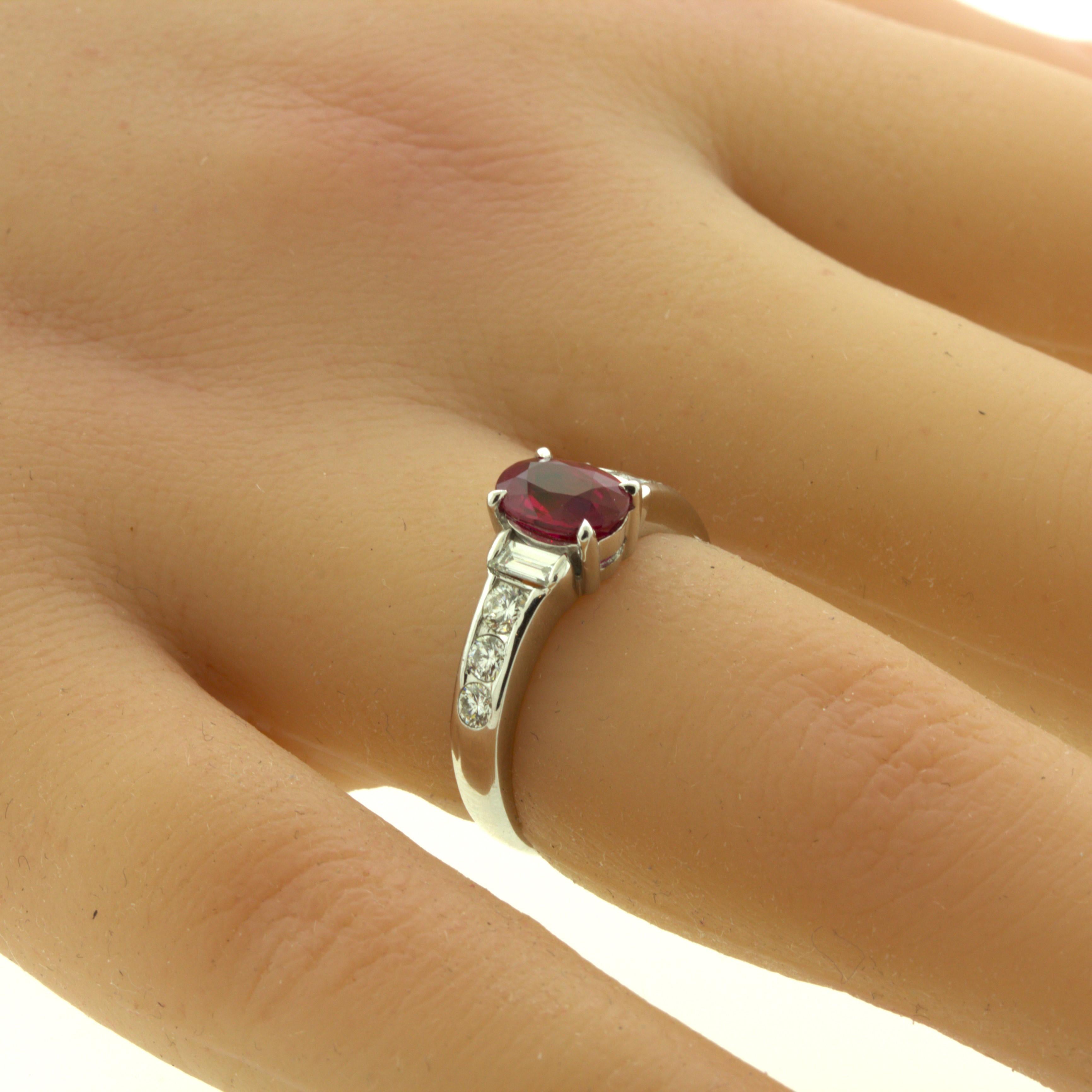 Women's 1.10 Carat Burmese Pigeon Blood Ruby Diamond Platinum Ring, GRS Certified For Sale