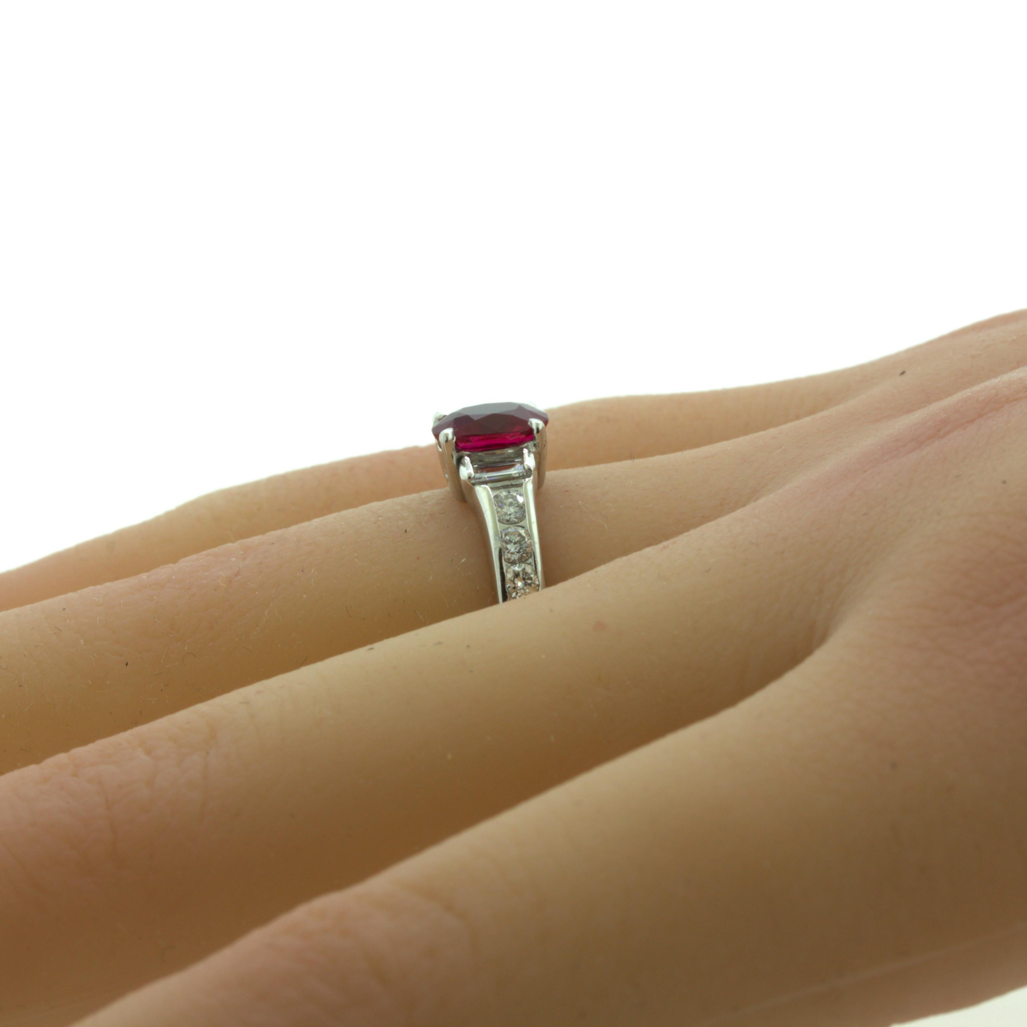 1.10 Carat Burmese Pigeon Blood Ruby Diamond Platinum Ring, GRS Certified For Sale 4
