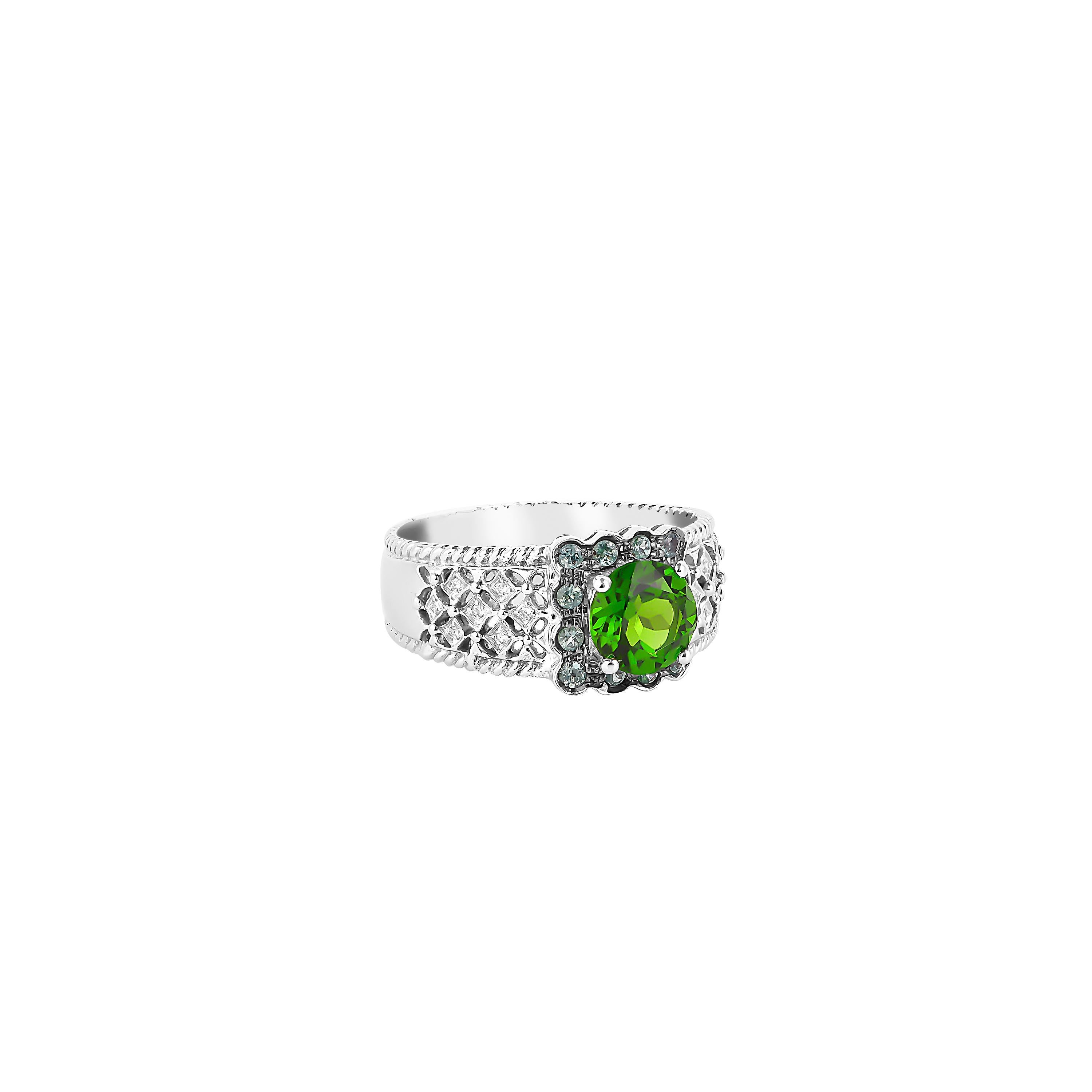 Unique and Designer Cocktail Rings by Sunita Nahata Fine Design.

Classic Chrome Diopside ring in 14K White gold with Alexandrite and Diamonds. 

Chrome Diopside: 1.10 carat, 6.50mm size, round shape.
Alexandrite: 0.162 carat, 1.50mm size, round