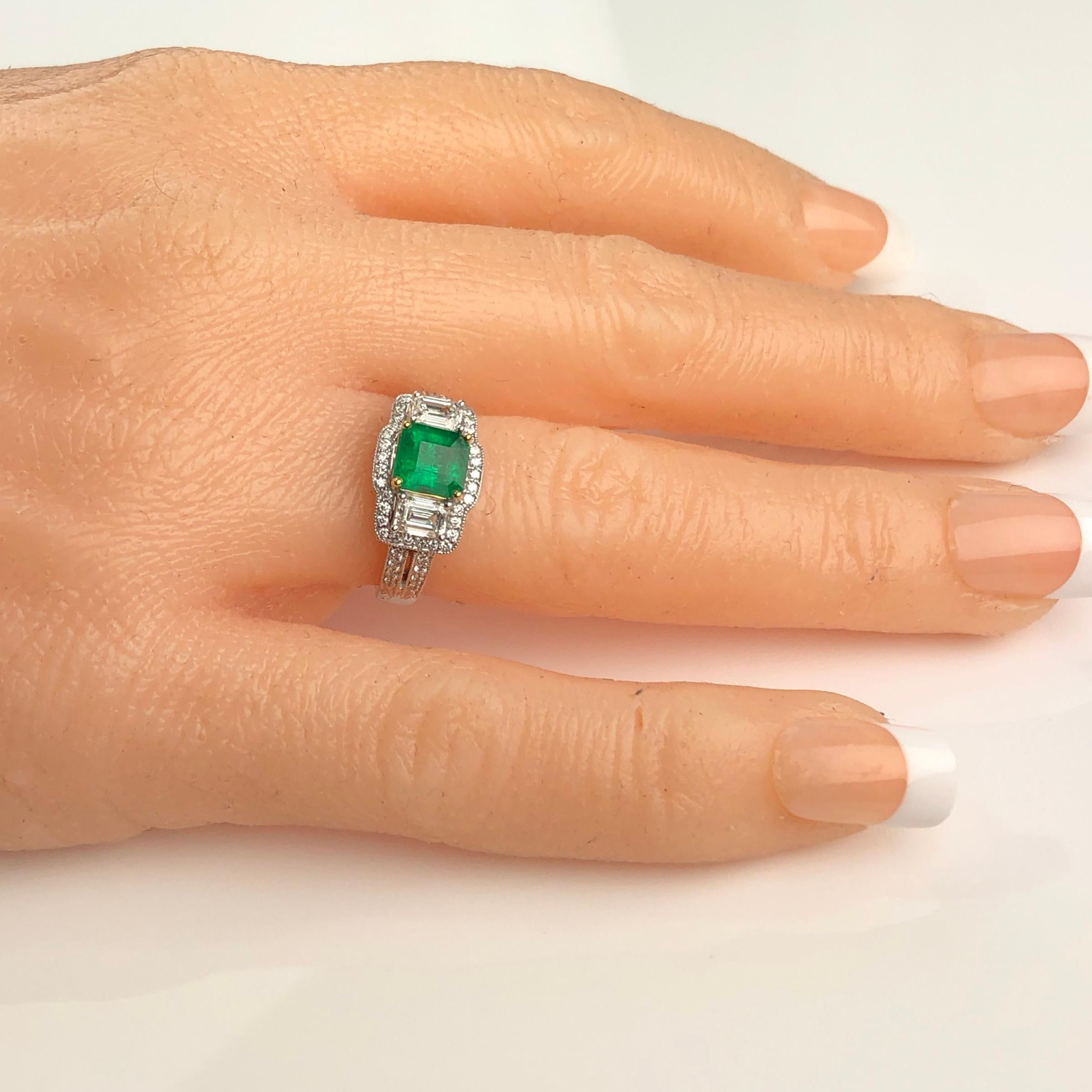 Women's 1.10 Carat Cushion Cut Emerald and 1.03 Carat Natural Diamond Ring in 18K ref942 For Sale