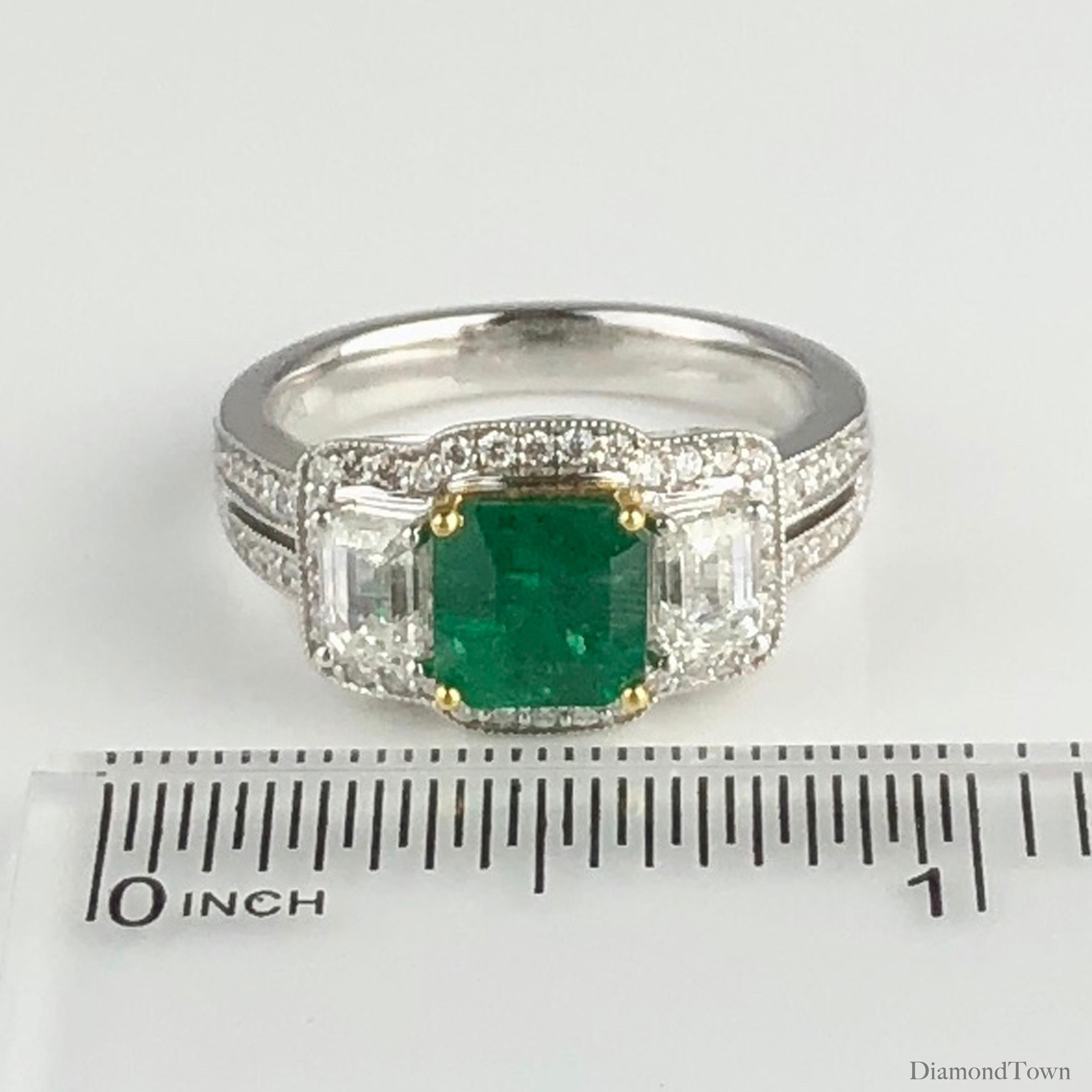 1.10 Carat Cushion Cut Emerald and 1.03 Carat Natural Diamond Ring in 18K ref942 For Sale 1