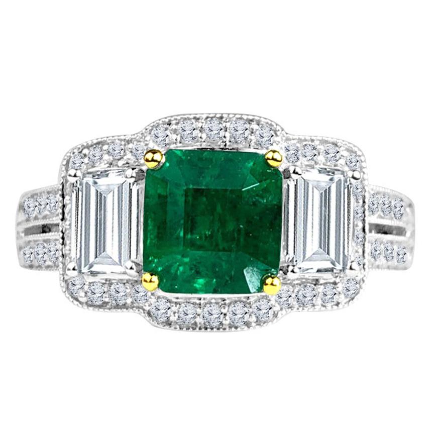 1.10 Carat Cushion Cut Emerald and 1.03 Carat Natural Diamond Ring in 18K ref942 For Sale