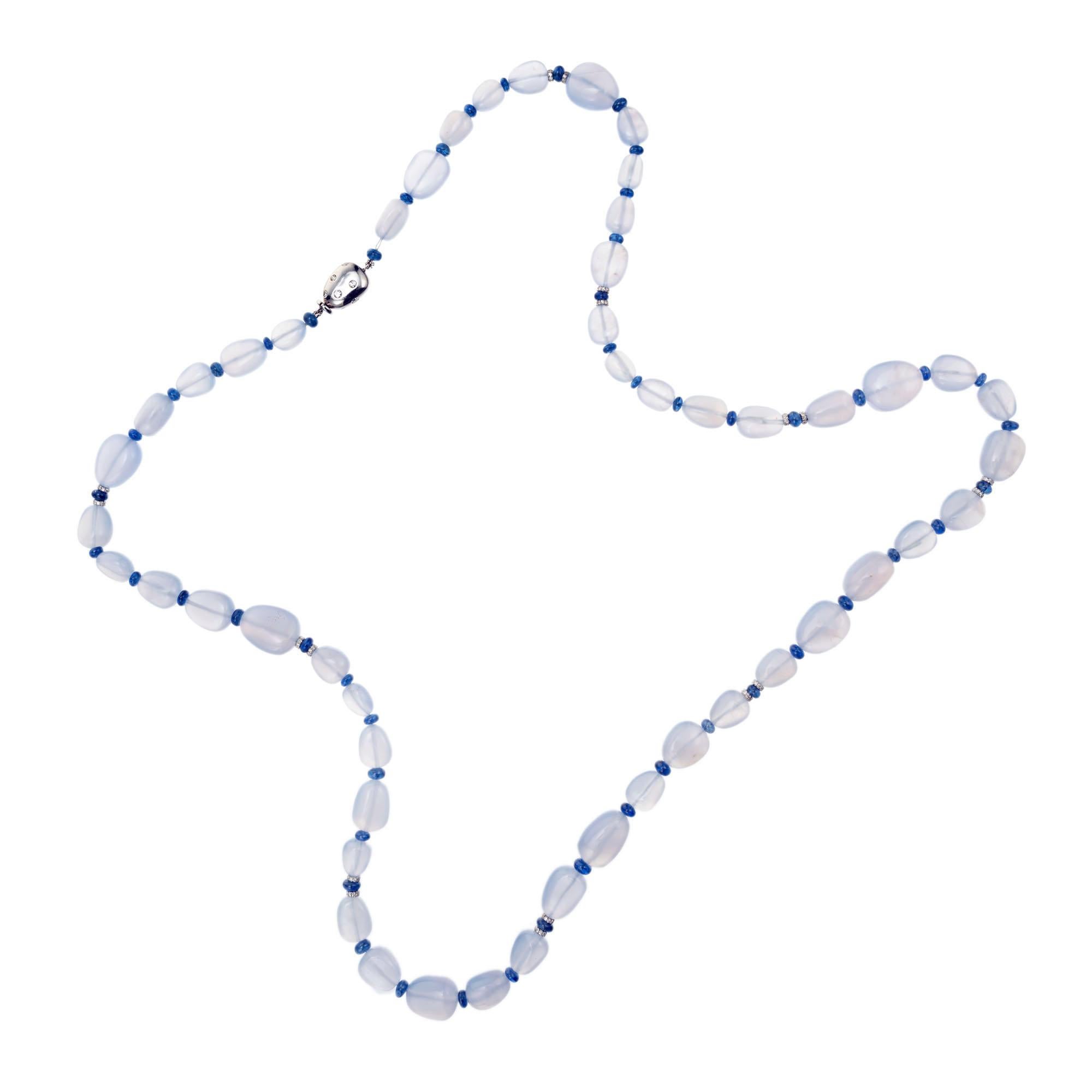 Round Cut 1.10 Carat Diamond Blue Chalcedony Sapphire White Gold Bead Necklace For Sale