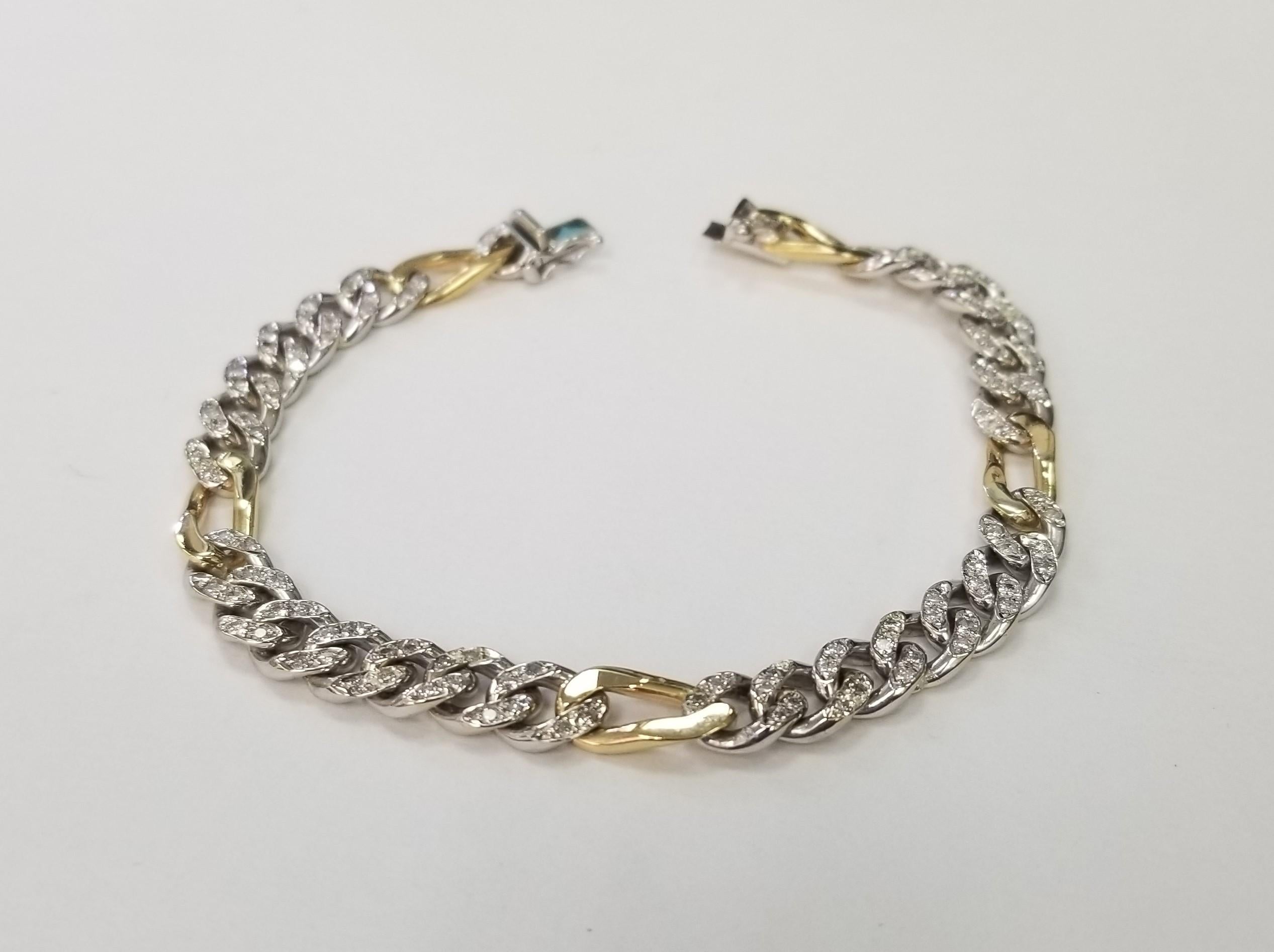 18K White & Yellow Gold Link Style Pave' Diamond Bracelet weighing 1.10cts.
Item specifics
Main Stone Color White/Colorless
Metal White Gold
Item Length 7.25 in
Total Carat Weight 1.10ct.
Jewelry Department Fine
Main Stone Diamond
Brand