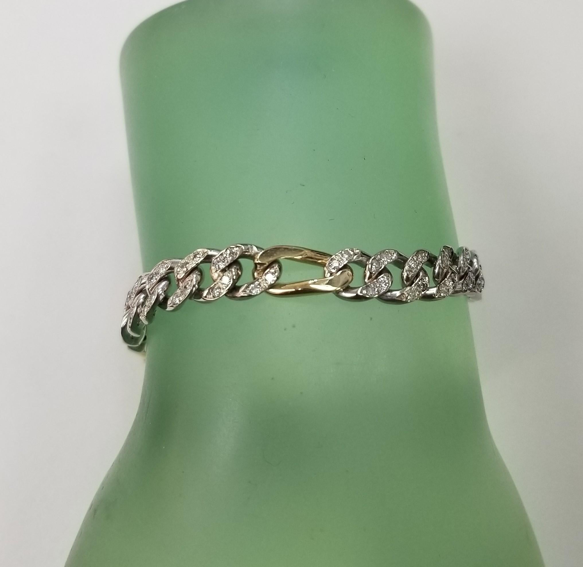 18K White & Yellow Gold Link Style Pave' Diamond Bracelet weighing 1.10cts. In Excellent Condition For Sale In Los Angeles, CA