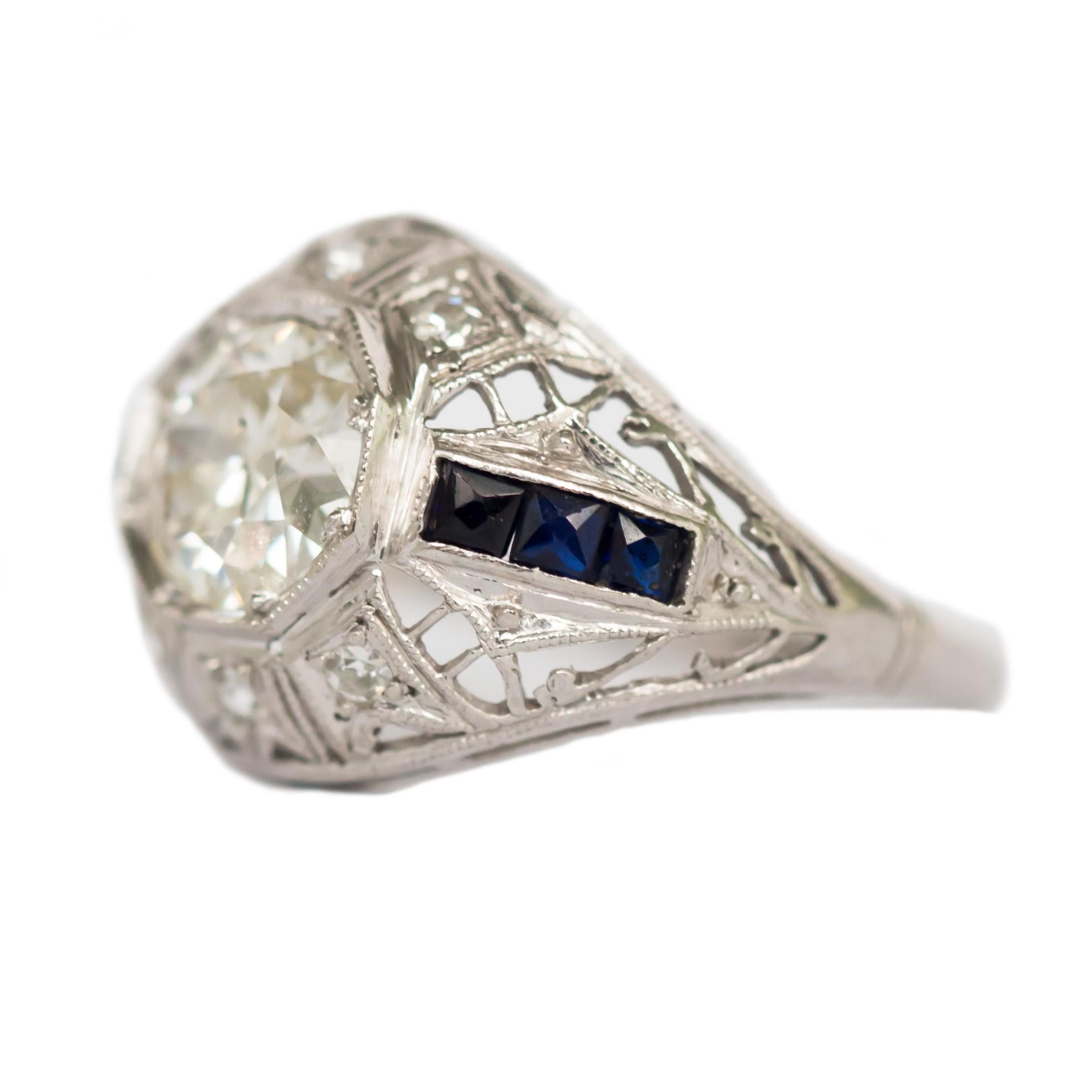 Ring Size: 6.35
Metal Type: Platinum 
Weight: 3.9 grams

Center Diamond Details
Shape: Old European Brilliant 
Carat Weight: 1.10 carat
Color: J
Clarity: I1

Side Stone Details: 
Shape: Antique Single Cut 
Total Carat Weight: .10 carat, total