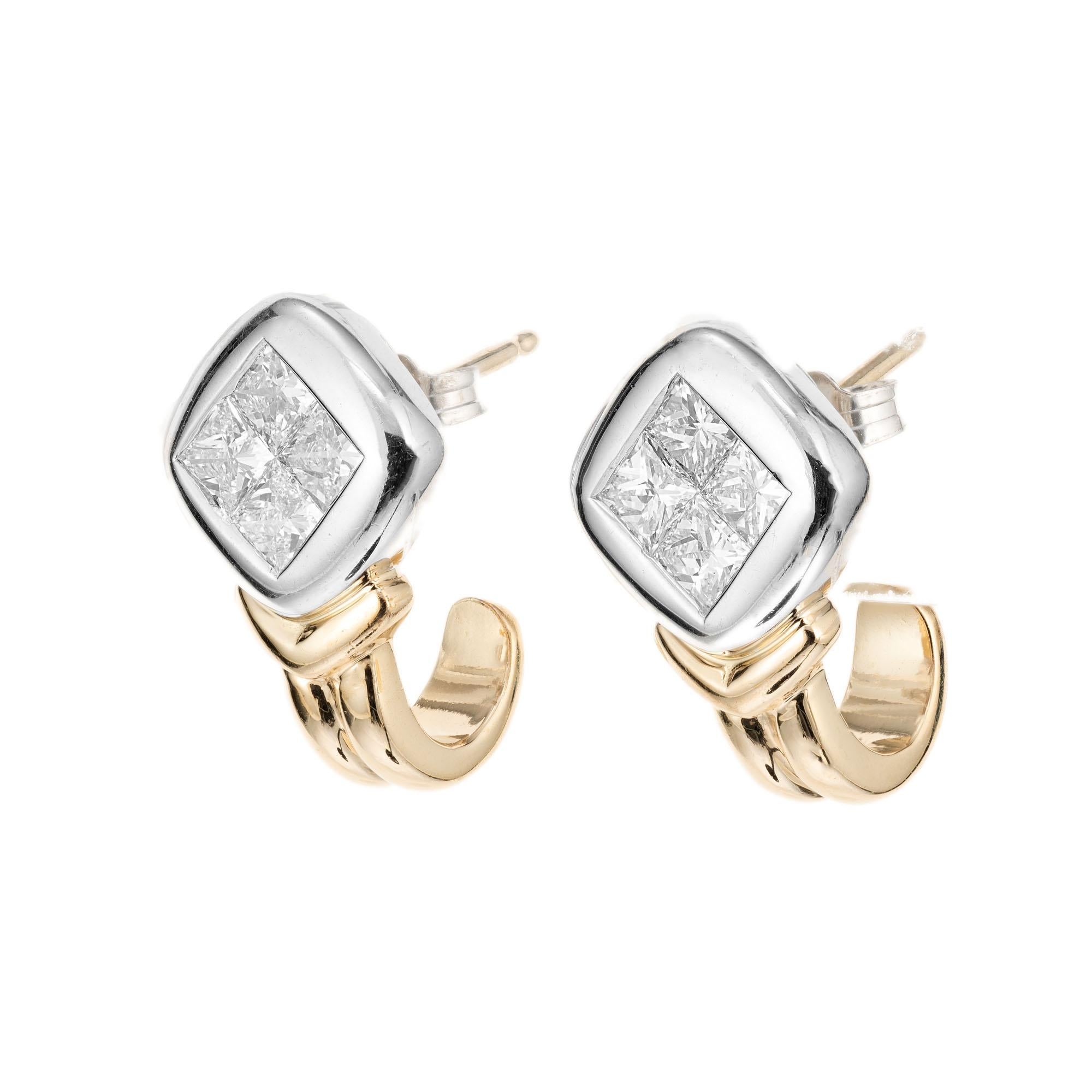 8 princess cut diamond earrings. 14k white tops with 14k yellow bottoms. 

8 princess cut diamonds, G-H VS approx. 1.10cts
14k white gold 
14k yellow gold 
5.0 grams 
Top to bottom: 16.6mm or 5/8 Inch
Width: 10.0mm or 3/8 Inch
Depth or thickness: