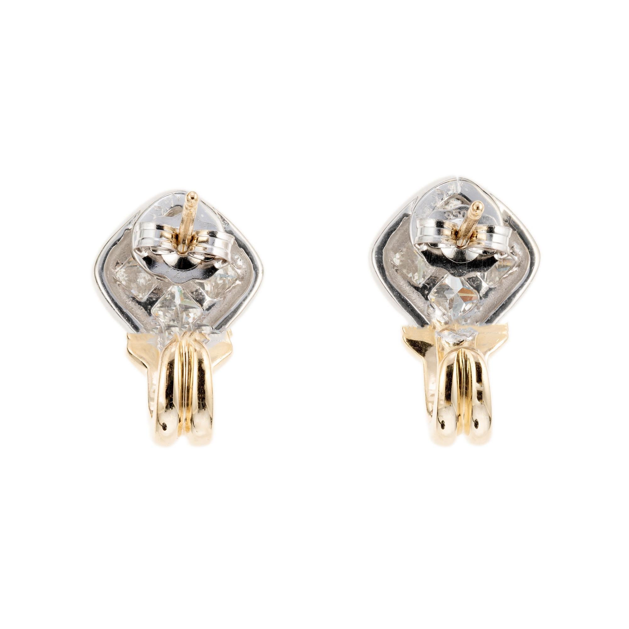 Princess Cut 1.10 Carat Diamond Two-Tone Gold Earrings For Sale