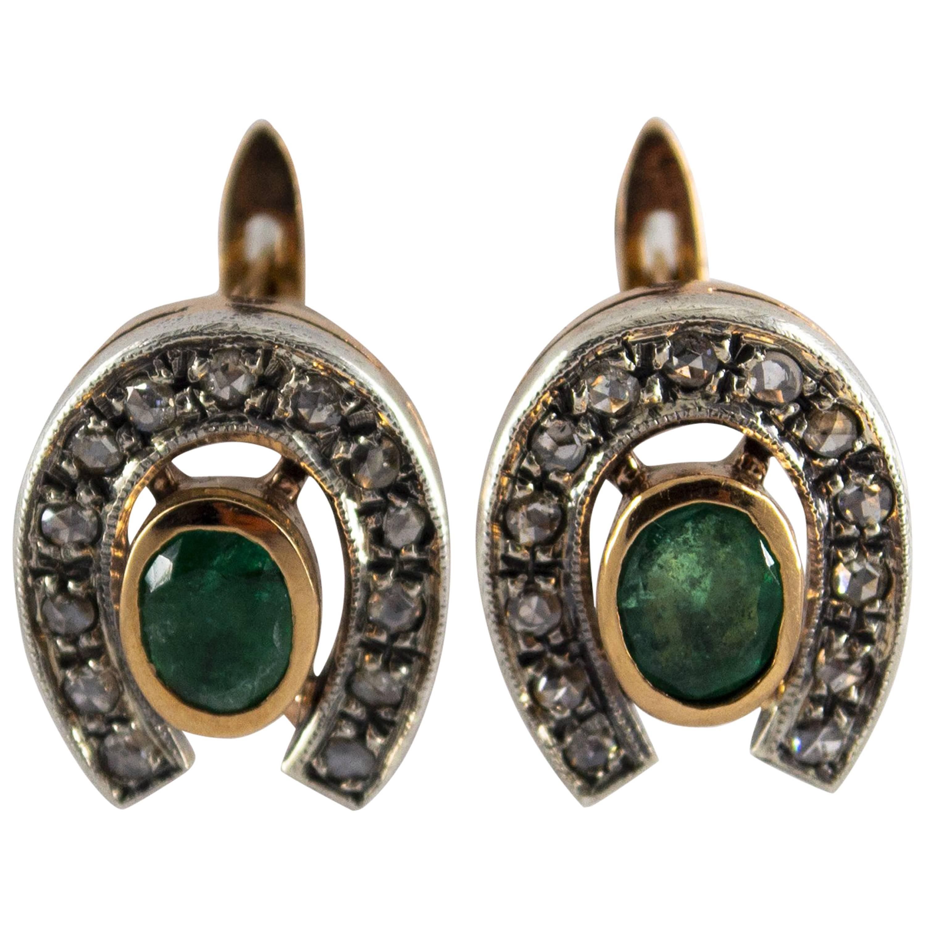1.10 Carat Emerald 0.30 Carat Diamond Yellow Gold Lever-Back Earrings