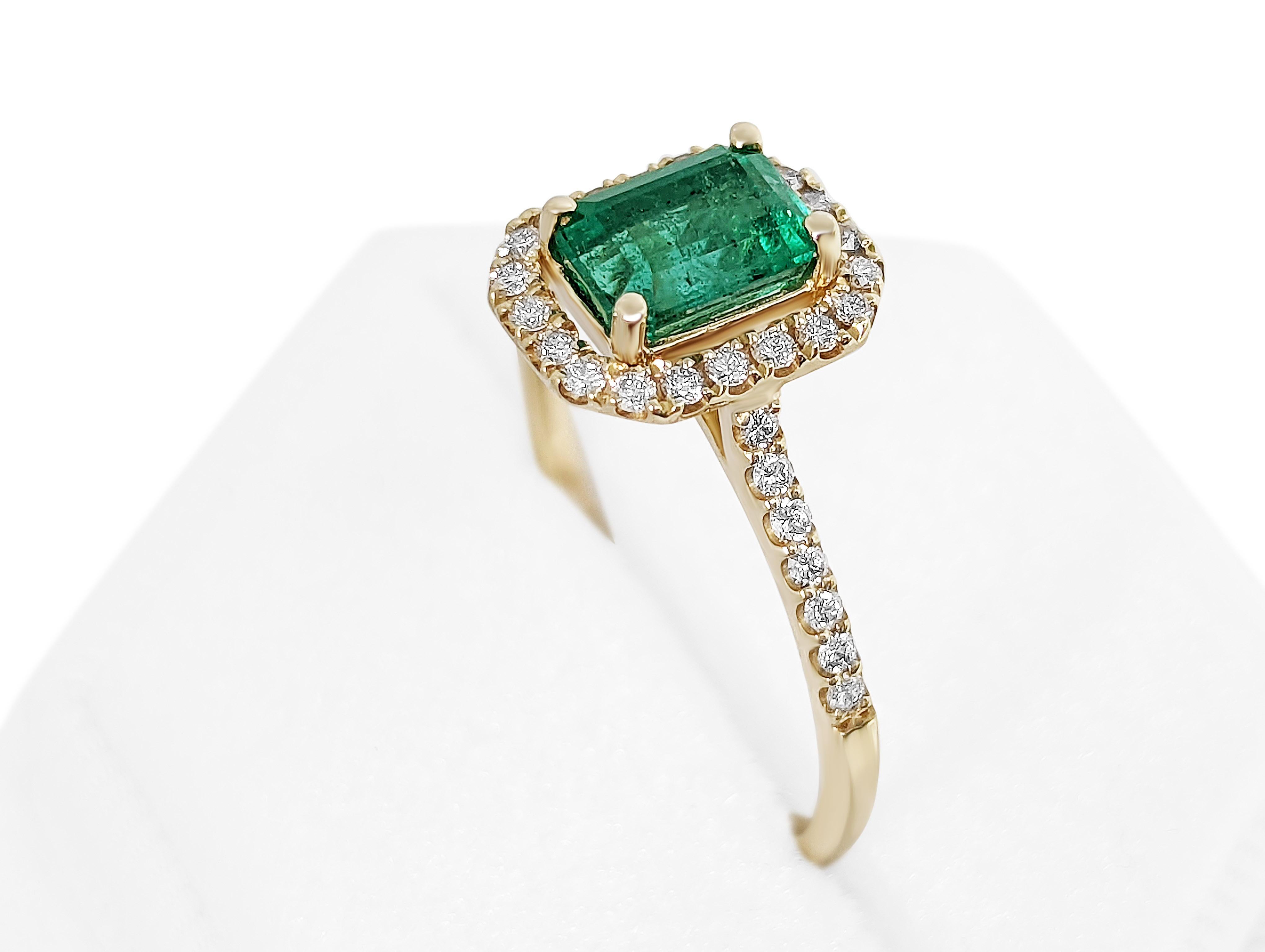 Emerald Cut 1.10 Carat Emerald & 0.30 Ct Diamonds, 14 Kt. Yellow Gold Ring