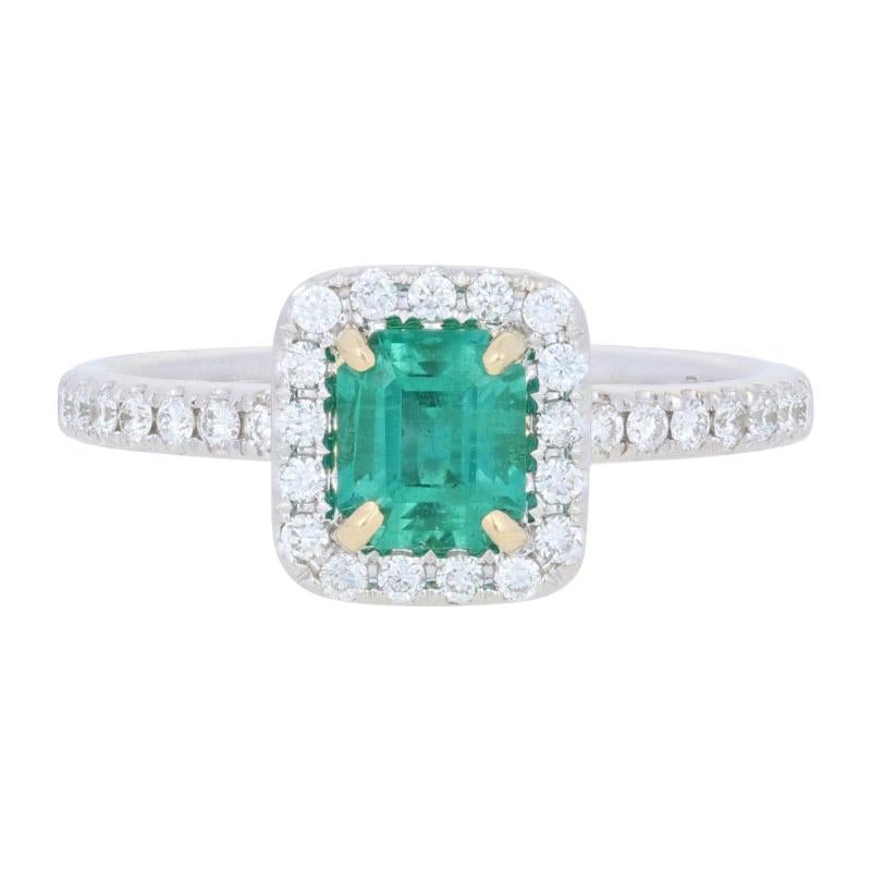 1.10 Carat Emerald and Diamond Ring, 14 Karat White Gold Halo