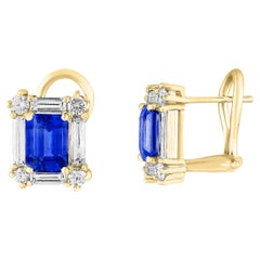 1.10 Carat Emerald Cut Blue Sapphire Diamond Earrings in 14K Yellow Gold