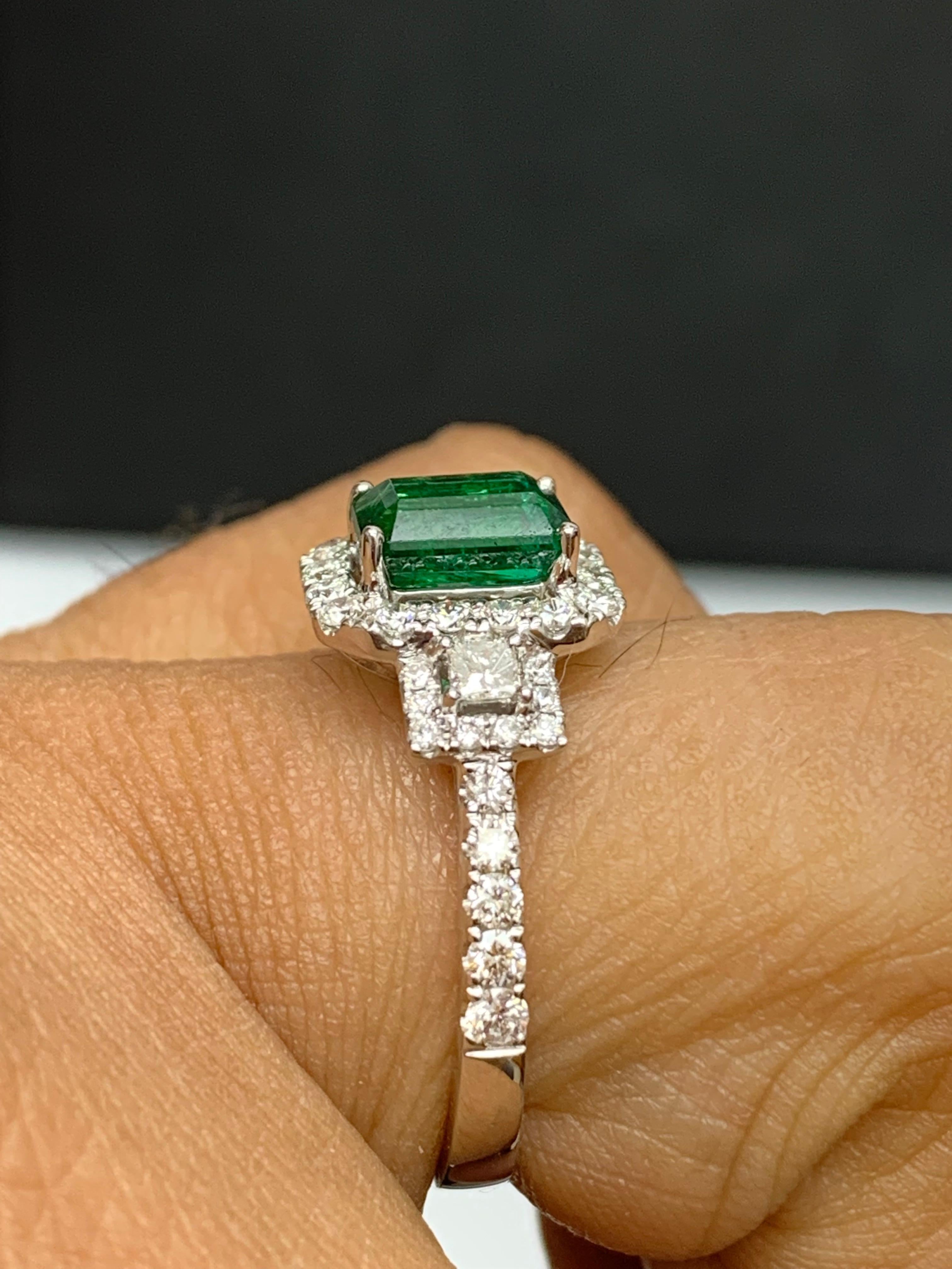 Women's 1.10 Carat Emerald Cut Emerald and Diamond Ring in 18k White Gold For Sale