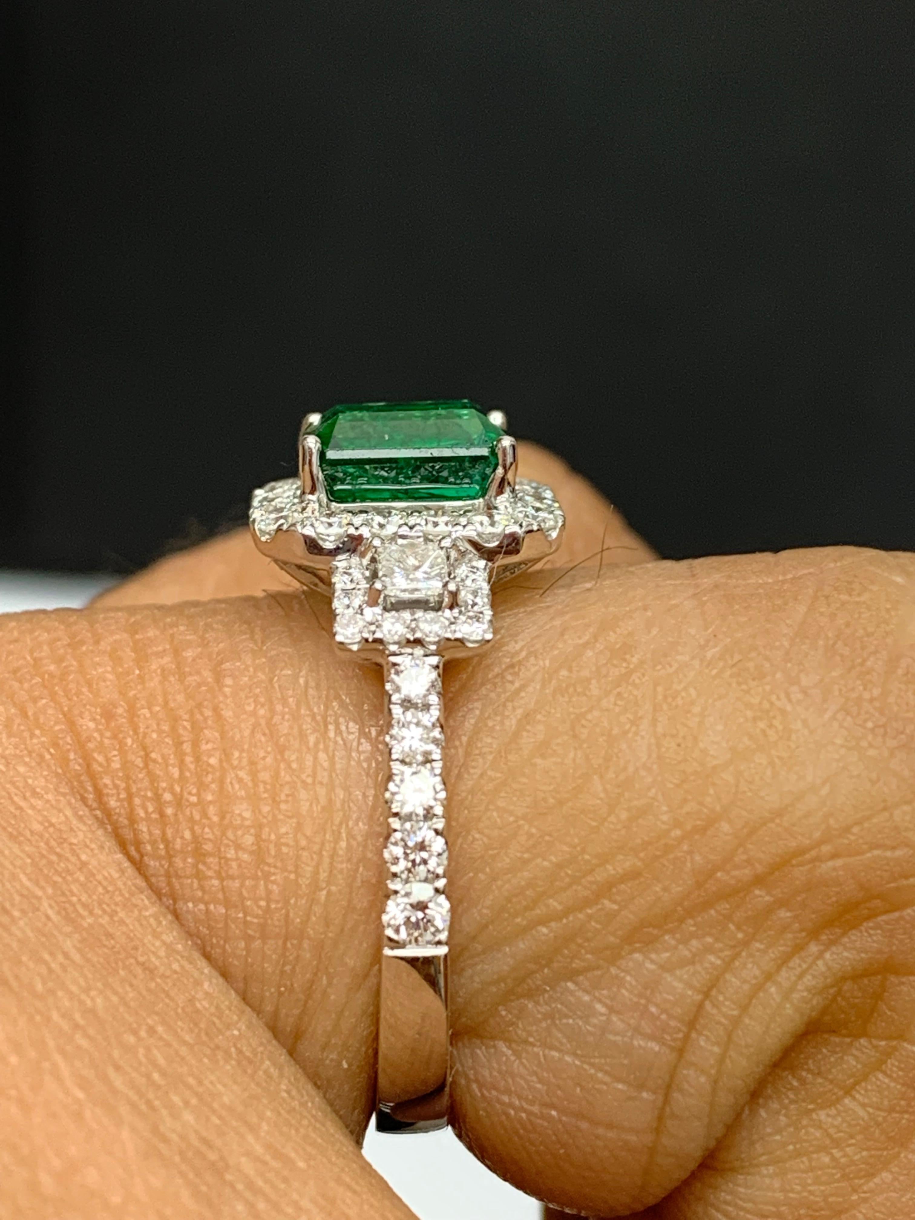 1.10 Carat Emerald Cut Emerald and Diamond Ring in 18k White Gold For Sale 1