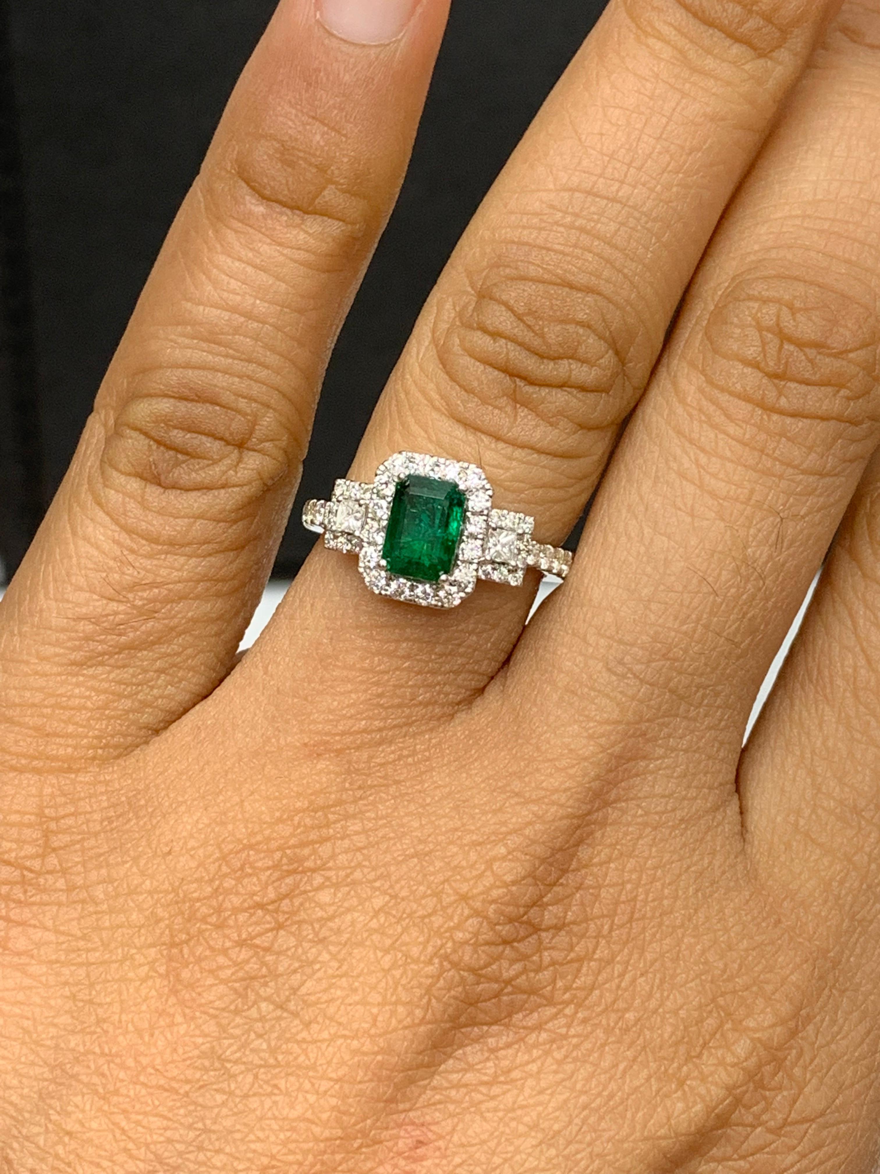 1.10 Carat Emerald Cut Emerald and Diamond Ring in 18k White Gold For Sale 2