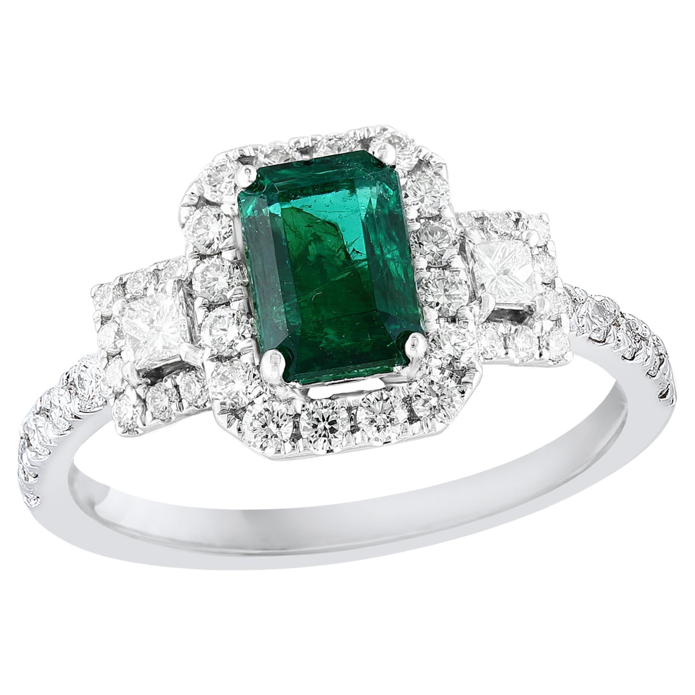 1.10 Carat Emerald Cut Emerald and Diamond Ring in 18k White Gold For Sale