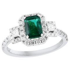 1.10 Carat Emerald Cut Emerald and Diamond Ring in 18k White Gold