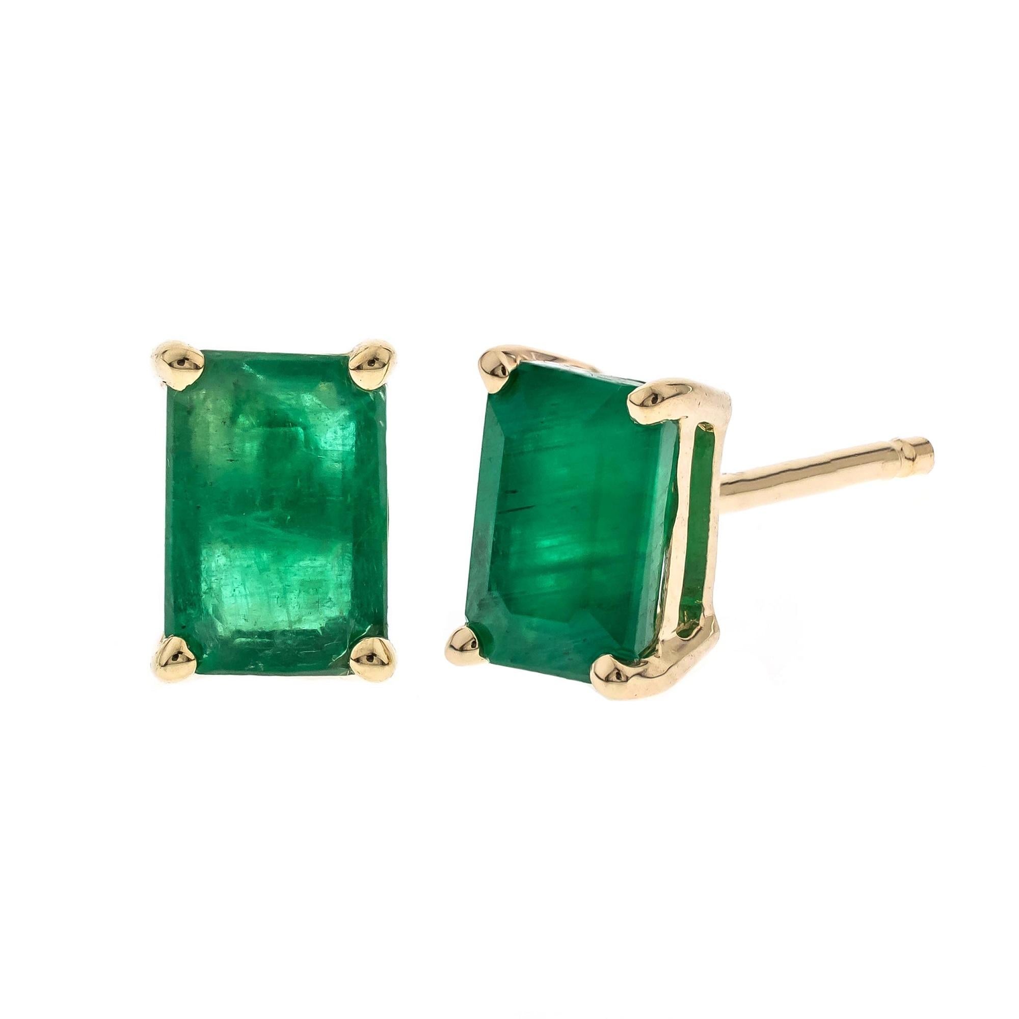 Decorate yourself in elegance with this Earring is crafted from 14K Yellow Gold by Gin & Grace Earring. The jewelry boasts 4X6 Emerald-Cut prong setting Emerald (2 pcs) 1.10 Carat. This Earring is weight 1.0 grams. This delicate Earring is polished