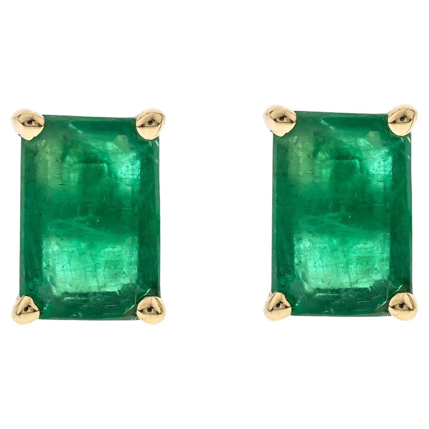 1.10 Carat Emerald Cut Emerald Diamond Accents 14K Yellow Gold Stud Earring For Sale